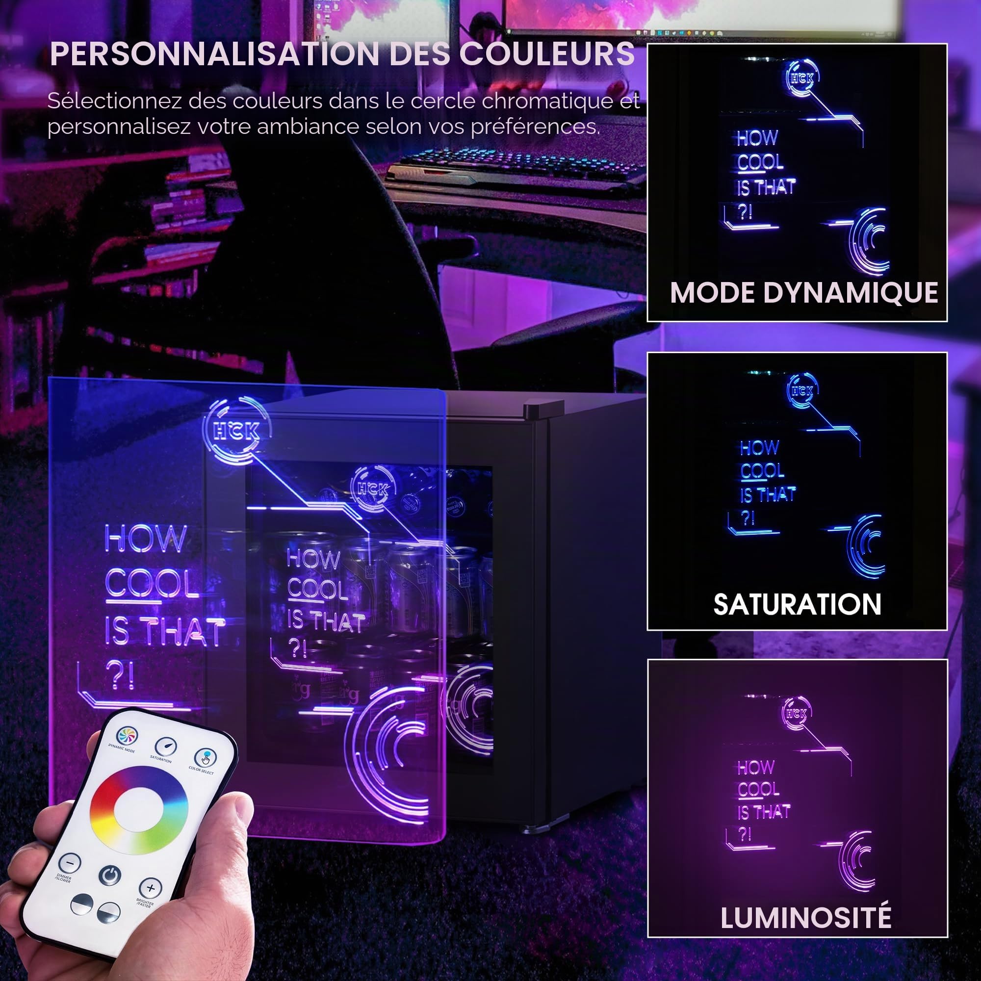 HCK Mini Frigo 48L Réfrigérateur Boissons Silencieux 0-15°C Cyberpunk Noir