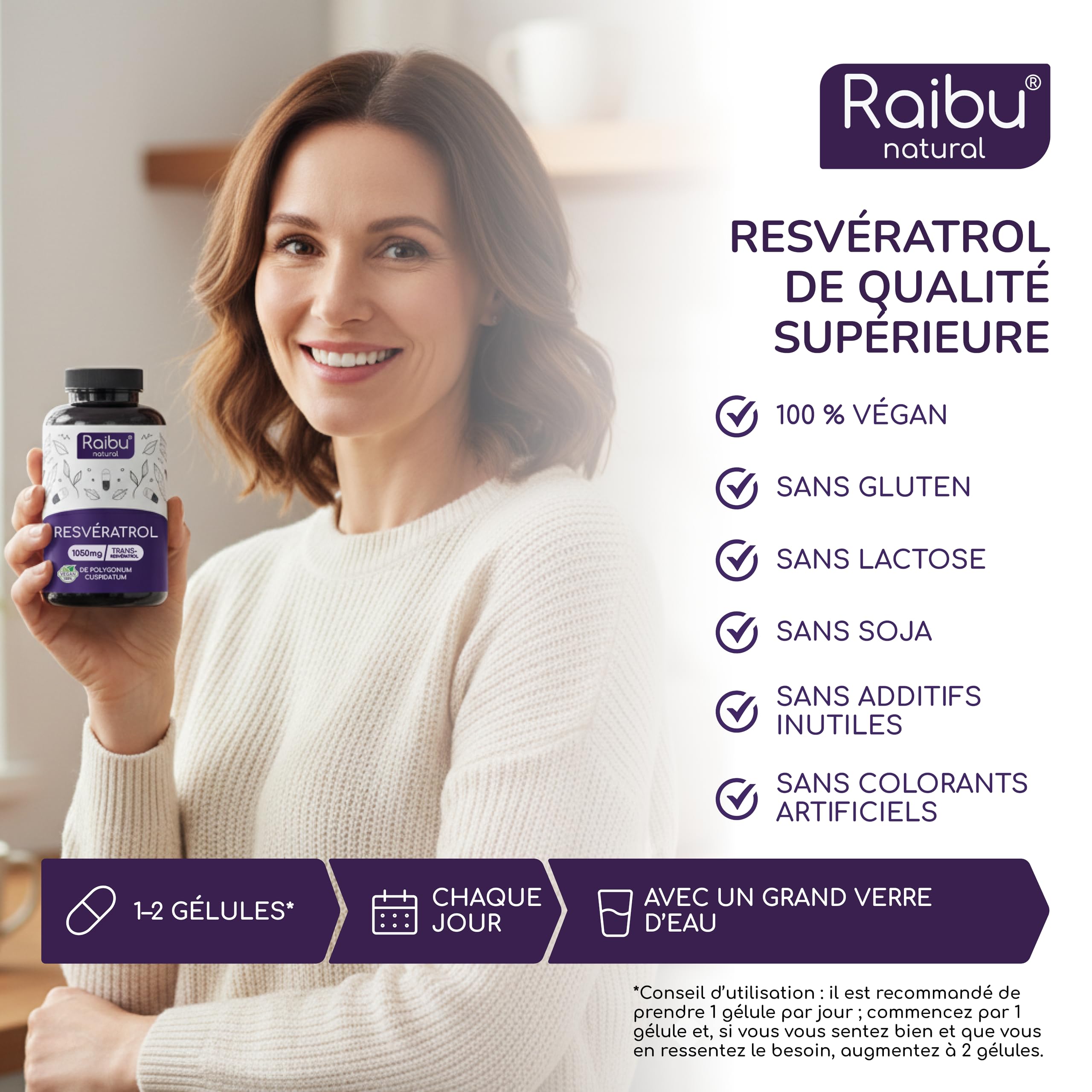 Resvératrol, 1050 mg de Trans Resveratrol Pur (98%) par dose quotidienne - Antioxydant Puissant - Extrait 140:1, 60 Gélules - Absorption Optimisée avec Pipérine - Végétalien, Sans Additifs
