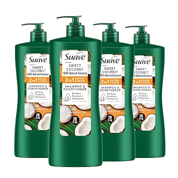 Suave Smooth & Shiny 2-in-1 Shampoo & Conditioner with Coconut Oil, Smoothness & Shine in One Step, No Parabens, Phthalates, or Dyes, 4 Pack, 28 FL OZ Each