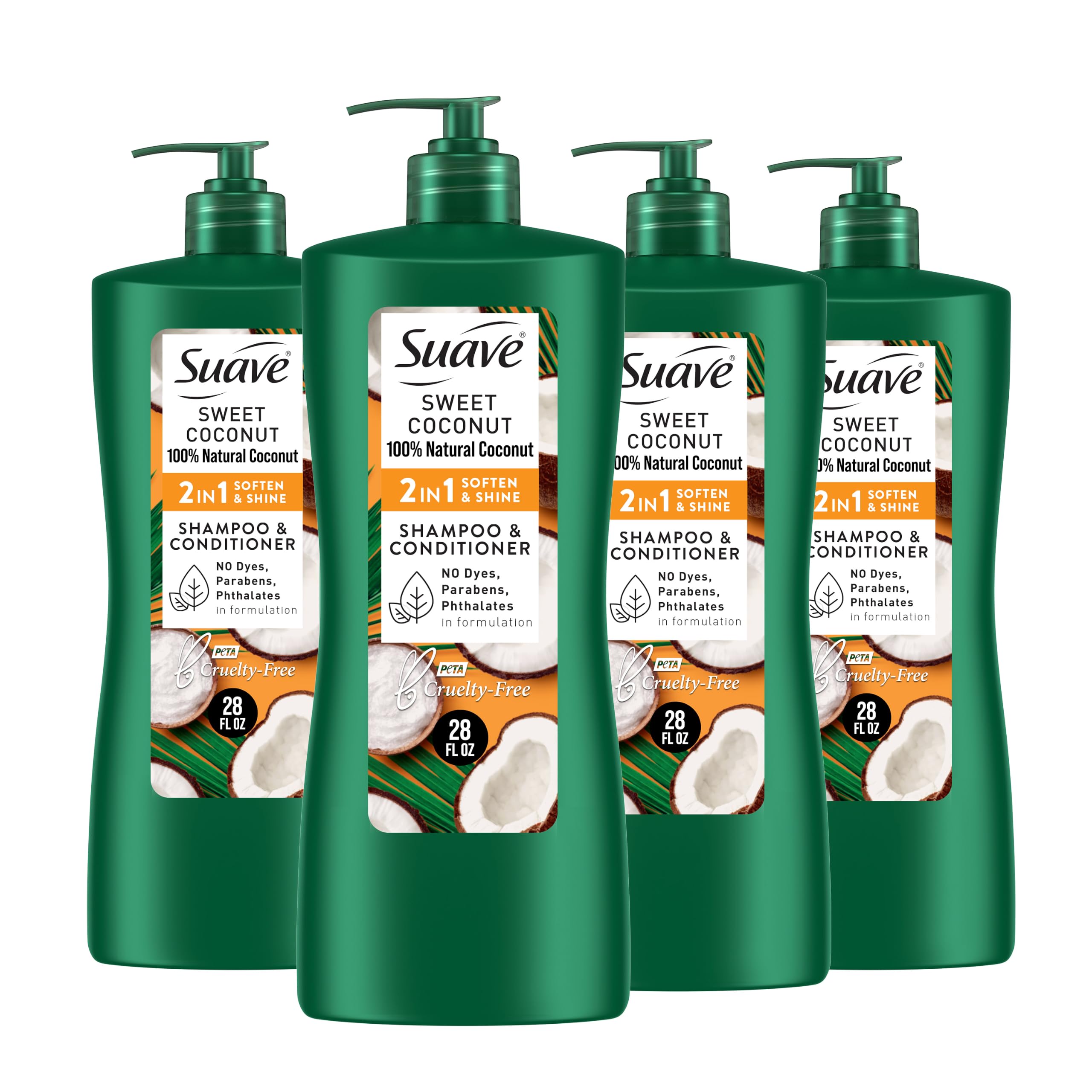 Suave Smooth & Shiny 2-in-1 Shampoo & Conditioner with Coconut Oil, Smoothness & Shine in One Step, No Parabens, Phthalates, or Dyes, 4 Pack, 28 FL OZ Each Old Packaging