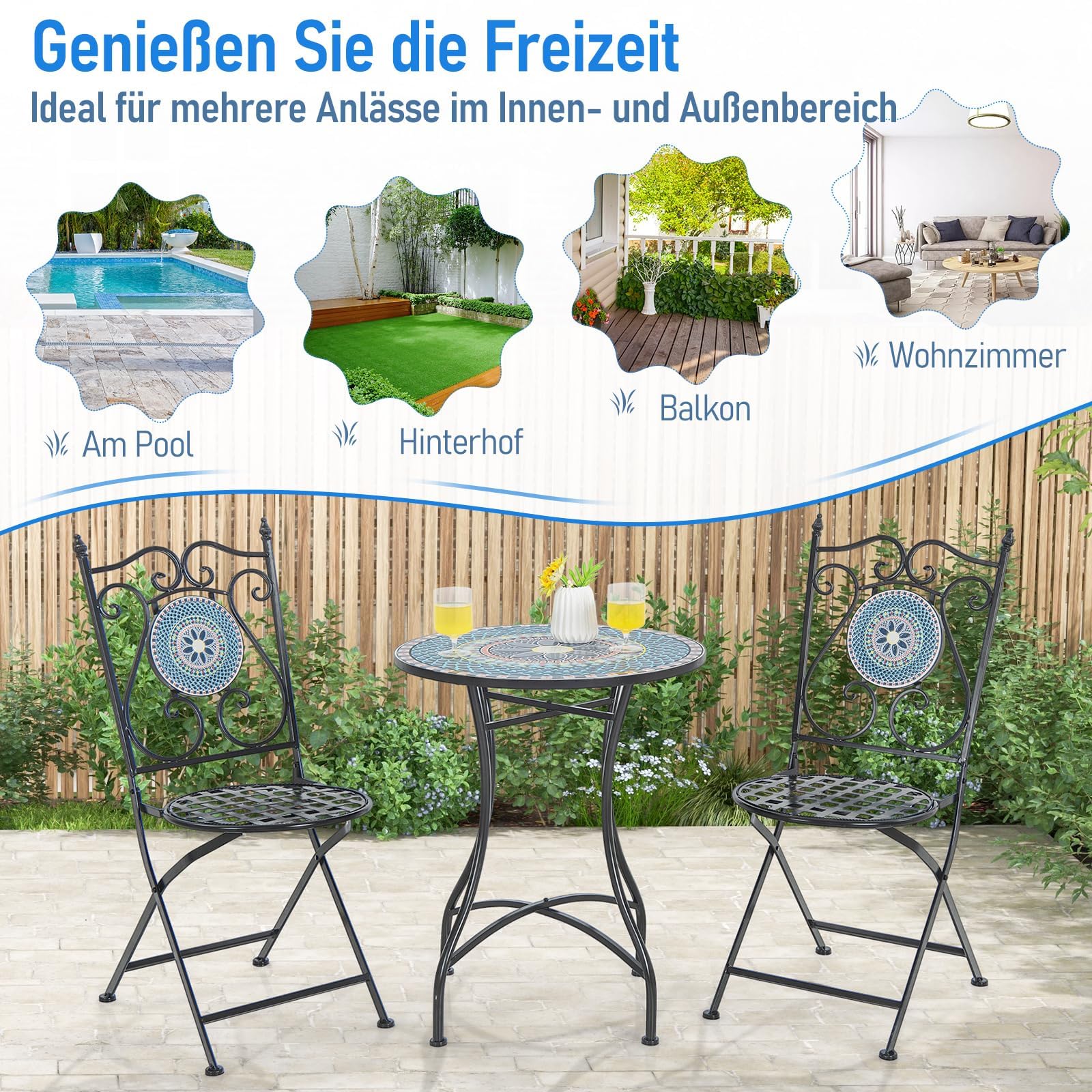 FANTASK Runder Bistrotisch, Beistelltisch mit Mosaikplatte, Sitzgarnitur bis 50kg, Balkonmöbel, Gartenmöbel, für Terrasse, Garten & Balkon (Blau)