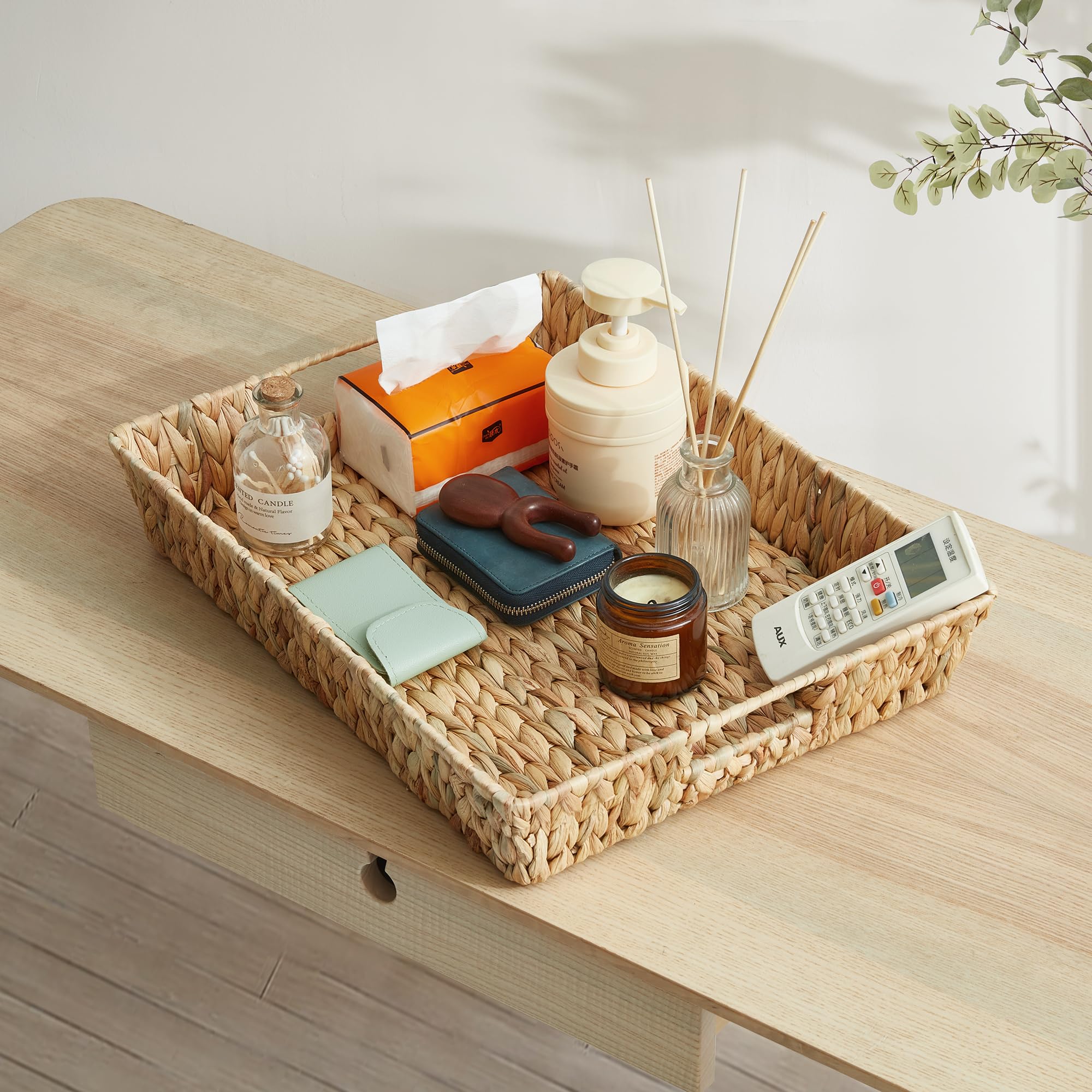 SUPTINWEAR Handwoven Water Hyacinth Serving Tray with Handles, Large Decorative Ottoman Tray for Coffee Table, Kitchen Counter, Dining Table Centerpiece & Farmhouse Decor