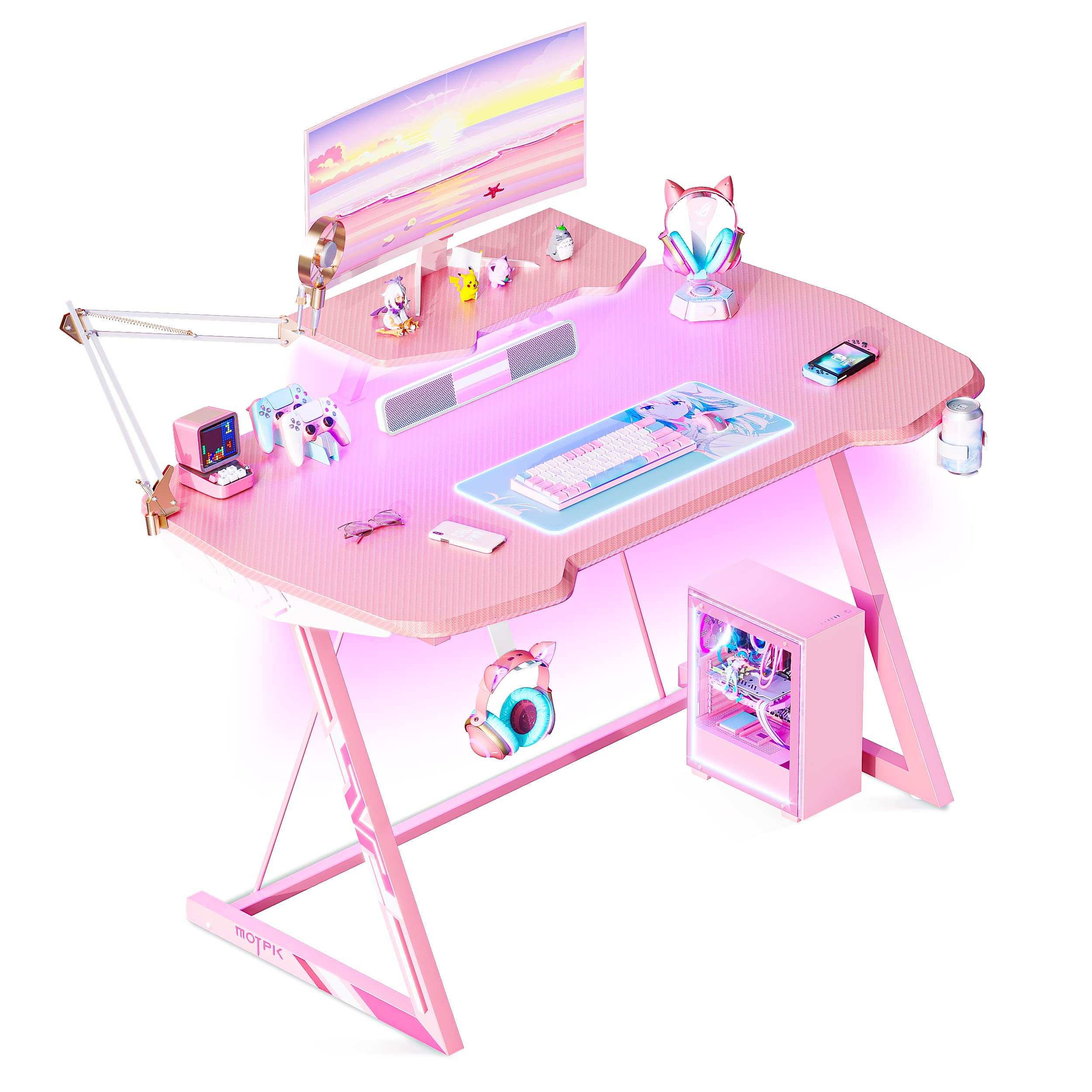 View 1 of MOTPK Pink Gaming Desk with LED Lights, Small Gaming Table Desk 39 inch Z Shaped, Gamer Desk Ergonomic Sturdy, Kids Computer Desk with Monitor Stand Cup Holder and Headphone Hook, Black, Gift Idea 39 inch Piggy Pink