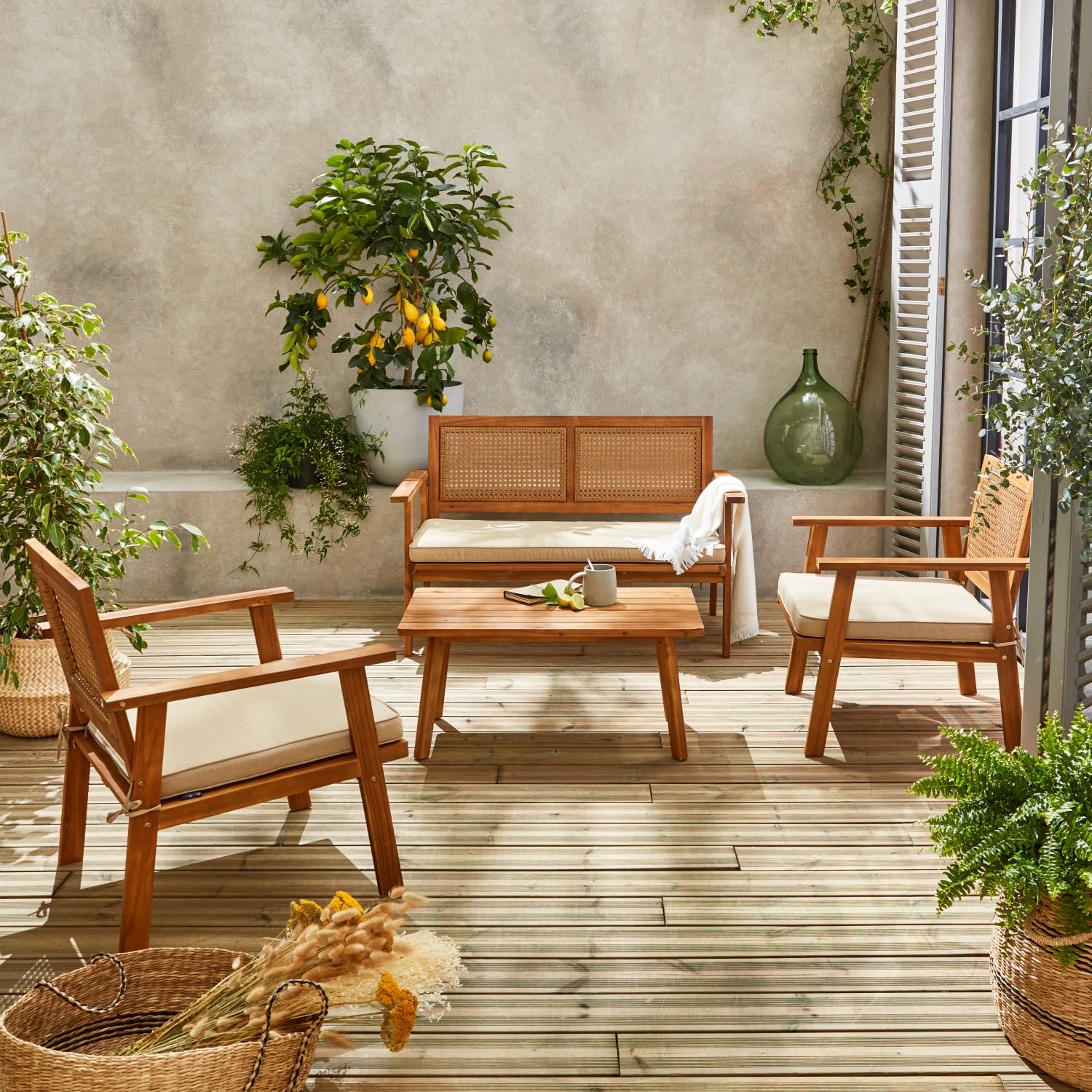 Alice's Garden - Salon de Jardin. Bohémia. cannage Rond. canapé 2 Places. 2 fauteuils. 1 Table Basse 117x64x74 cm