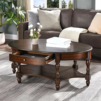 Large Oval Coffee Table with Drawer for Living Room, Cocktail Tables with Storage Shelf, Mid-Century Modern Living Room Table-, Sofa Center Tabless, Easy Assembly Vintage Walnut KFZ2233DC