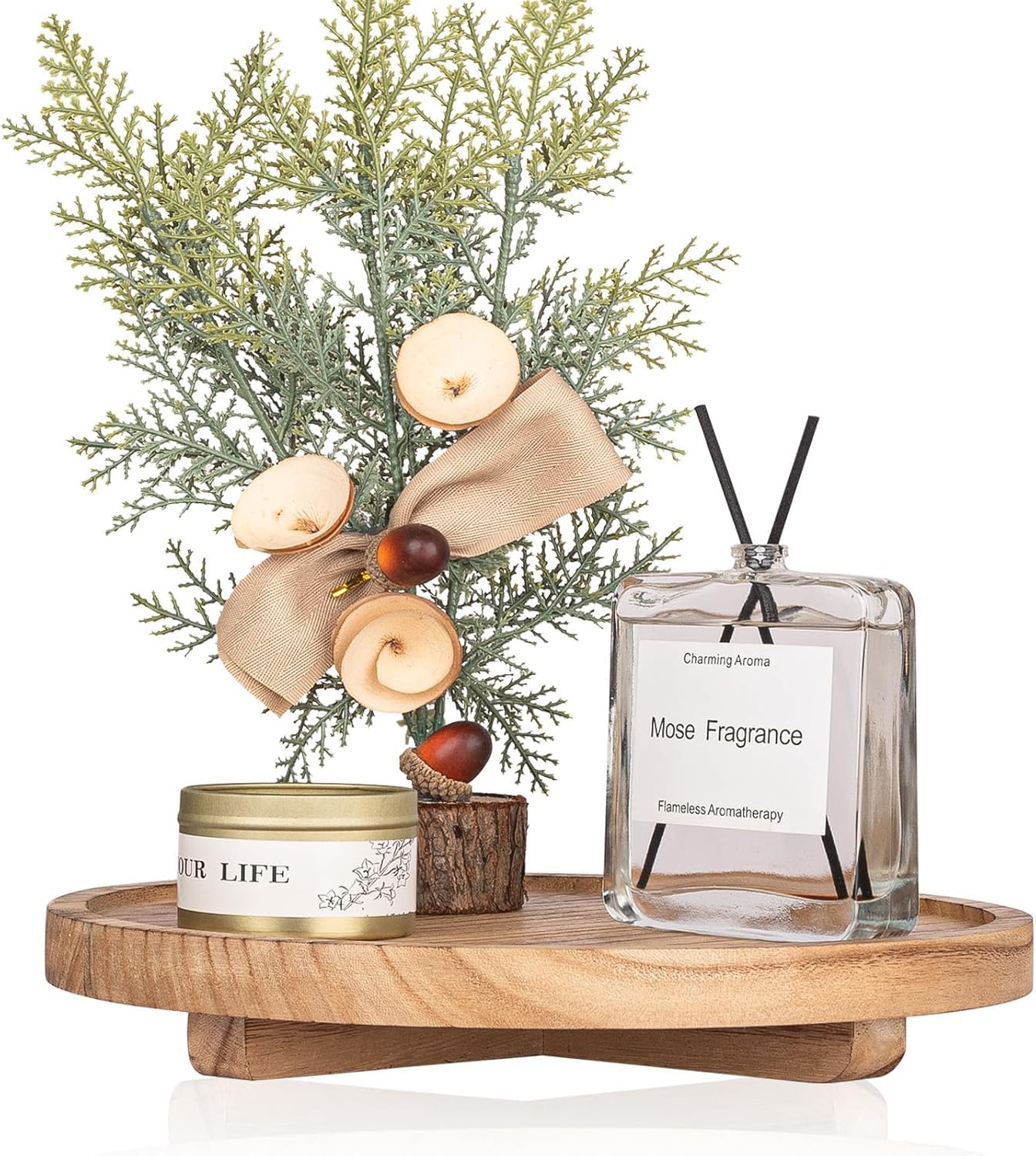 Round Decorative Tray Wood Bathroom Counter Organizer Farmhouse Kitchen Decor Wooden Riser for Soap Dish, Perfume, Candle, Sponge