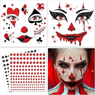 HOWAF Clown Face Tattoos, 2 Glitter Clown Face Temporary Tattoos with 2 Sheets Diamonds Sticker for Hallows' Eve Creepy Clown Costumes Accessories, Jokers Clowns cosplay Make Up FaceTattoo