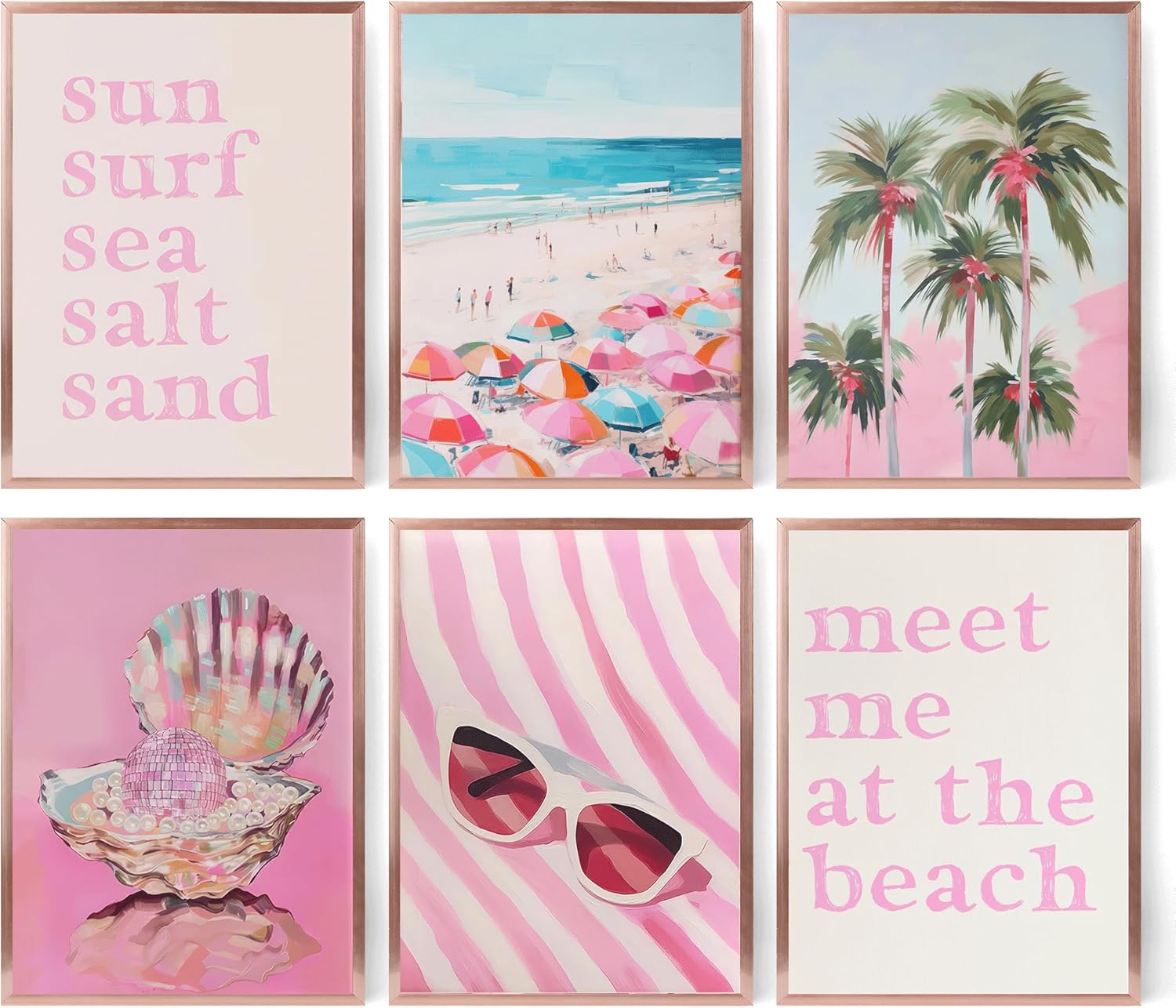 6Pcs Pink Beach Canvas Wall Art Coastal Palm Tree Ocean Posters Prints Summer Aesthetic Surf Sea Quote Pictures Wall Art Modern Boho Beach Paintings for Bedroom Living Room Bathroom 12''x16'' Unframed