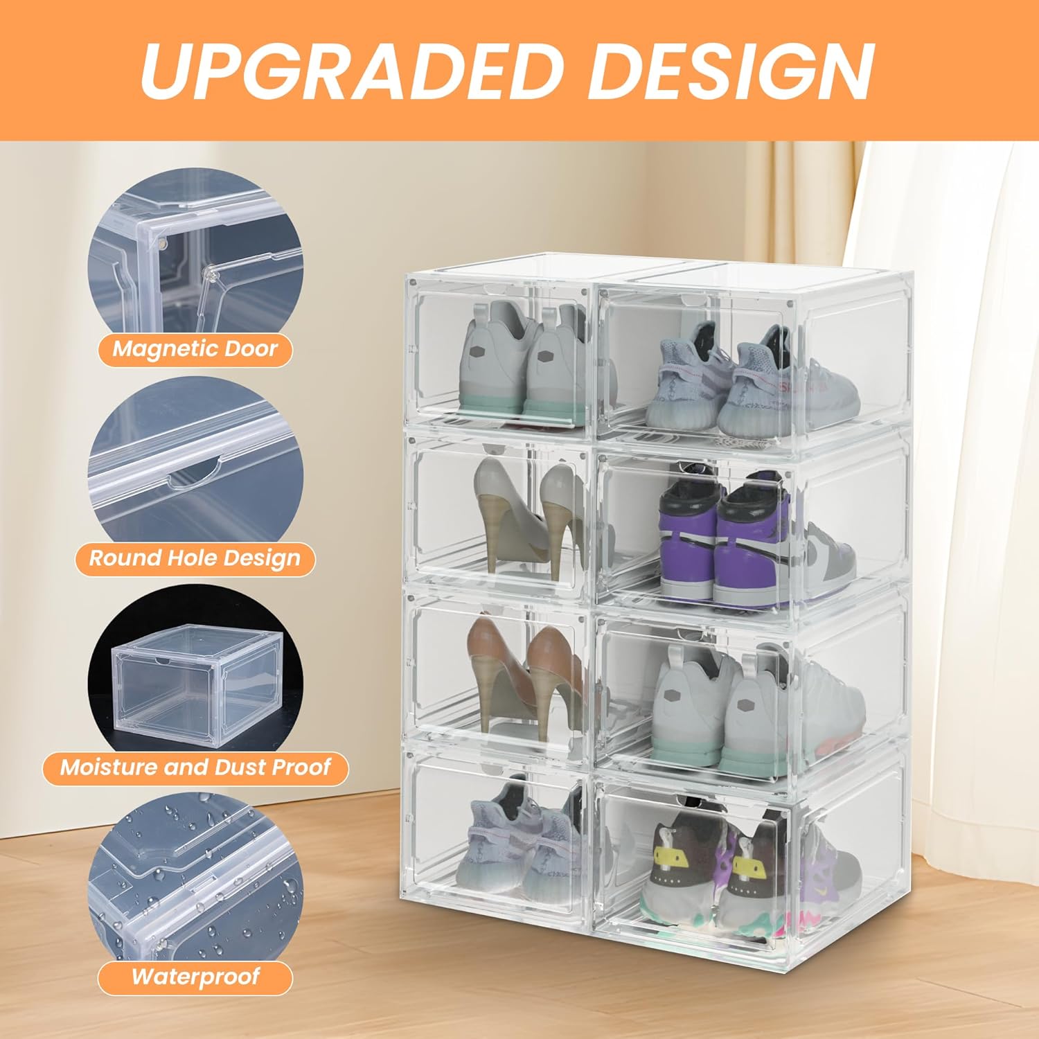 12 Pack XX-Large Clear Shoe Storage Organizer with Magnetic Door, Stackable Boxes for Closet, Foldable Space-Saving Shoe Rack for Sneaker Boot Container,Shoe Box,White, for Shoes Size 13/14