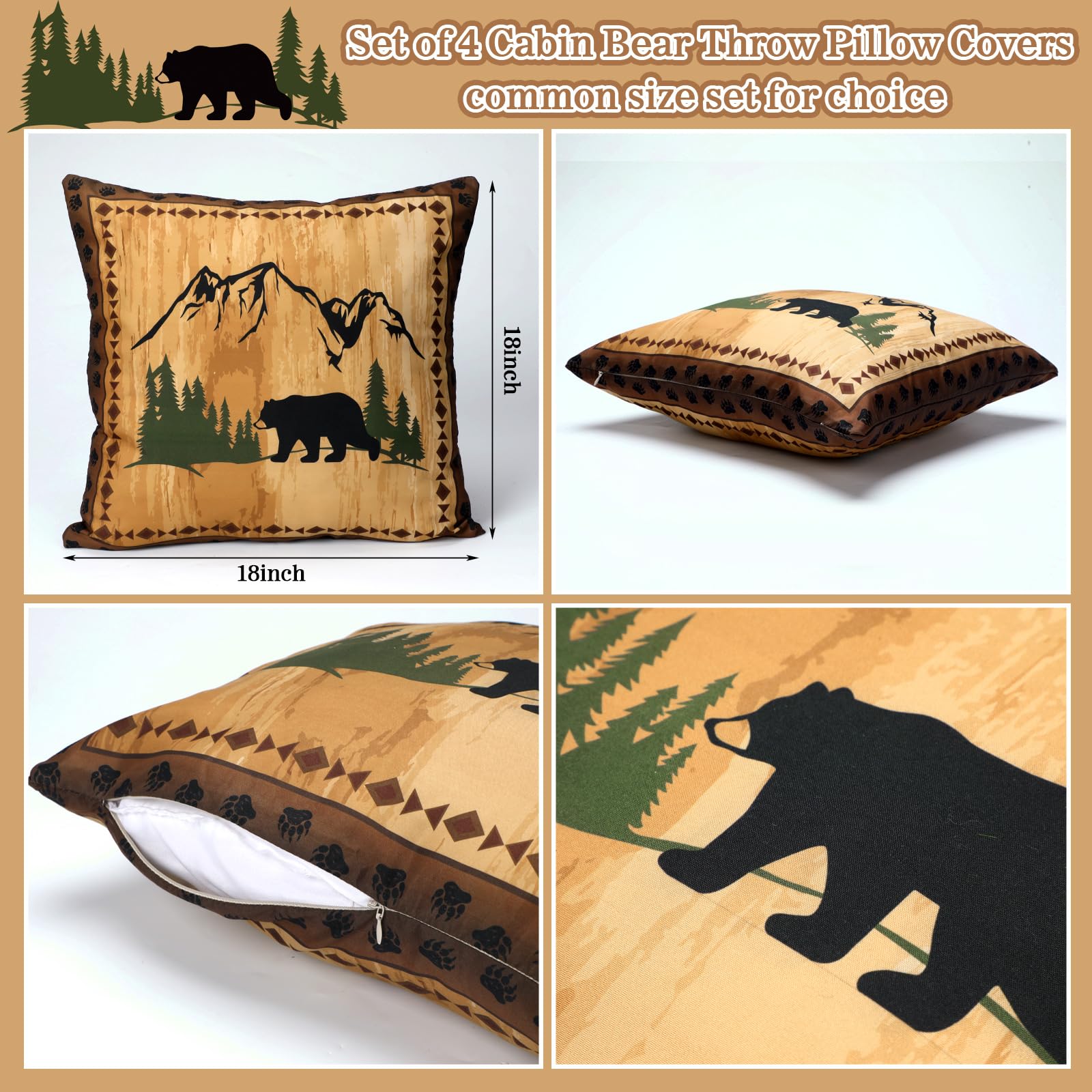 Black Bear Throw Pillow Covers Set Of 2 - 16x16 Inch Wildlife Cabin Decor With Rustic Nature Design