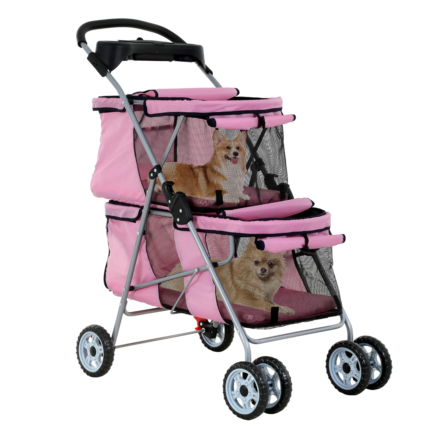 Double Layer Dog Strollers for 2 Small Dogs, 4 Wheels Pet Stroller for Cats/Dogs, Folding Double Decker Jogger Stroller with Removable Liner/Storage Basket/Rear Wheel Break