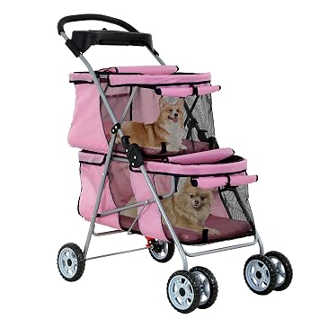 Double Layer Dog Stroller for 2 Small Dogs/Cats, 4 Wheels Pet Jogger With Removable Liner, Storage Basket, Rear Wheel Break - Folding Double Decker Portable Crate