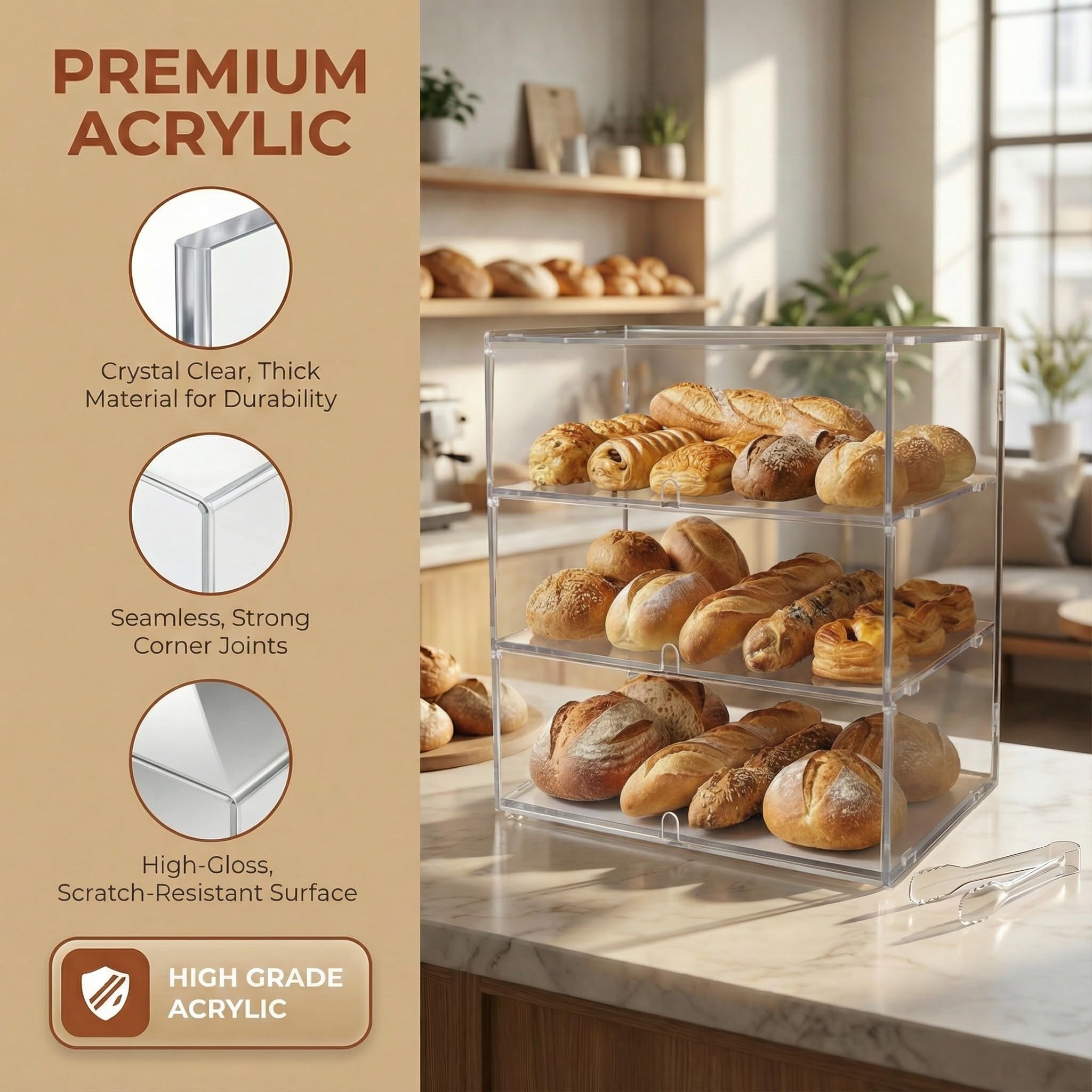 klare Acryl-Thekenvitrine für Bäckereien, 5 mm hochschlagfeste PETG-Platten, transparenter Acryl-Sandwich-Brotschrank