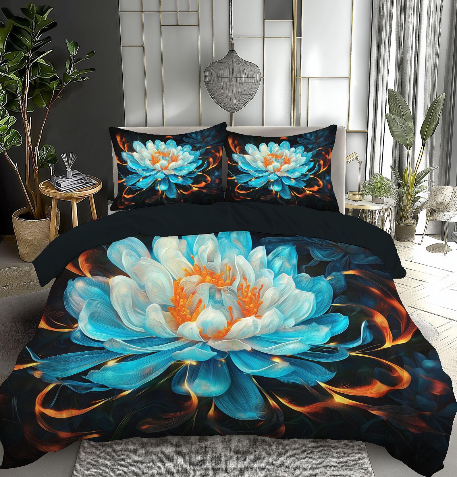 Parure de lit 3 pièces aqua fleurs 200x200cm avec housse de couette adulte zip