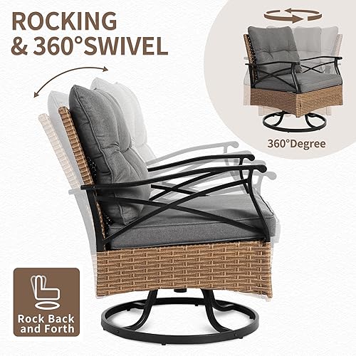 Miniatura 2 de HOMEFUN Juego de 3 piezas para patio giratorio para exteriores, juego de mimbre con mecedoras de 360, cojines gruesos y fundas extraíbles, mesa de