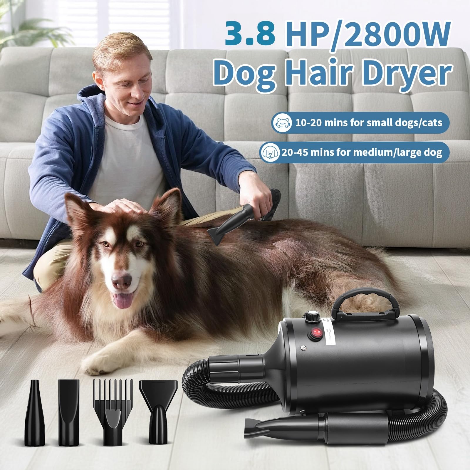 Soffiatore per Cani, Asciugacapelli per Cani Blower 2800W, Phon Cani velocità e Temperatura Regolabili, Meno Rumore asciuga cane Toelettatura Animali con 4 Ugelli per Uso Privato e Professionale