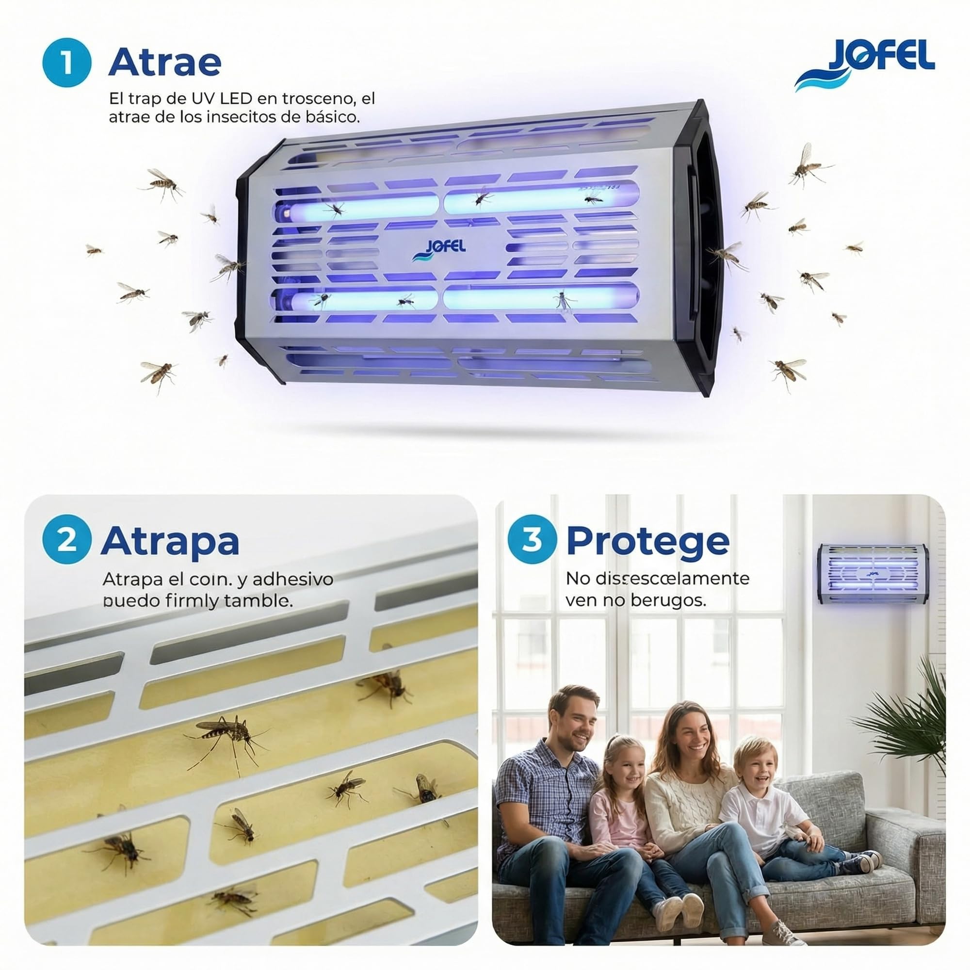 Jofel – AJ70000, Exterminador de insectos mediante láminas adhesivas, de 2 tubos de luz LED UV, para atraer insectos, potencia: 2x15 W (2 tubos)