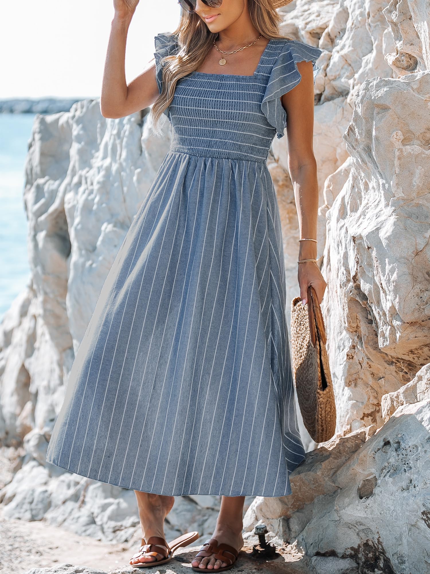 CUPSHE Damen Midi-Sommerkleid mit Karrée-Ausschnitt und Volantärmeln | Das elastische Smock-Oberteil passt sich flexibel an; der weit ausgestellte A-Linien-Rock fällt locker.