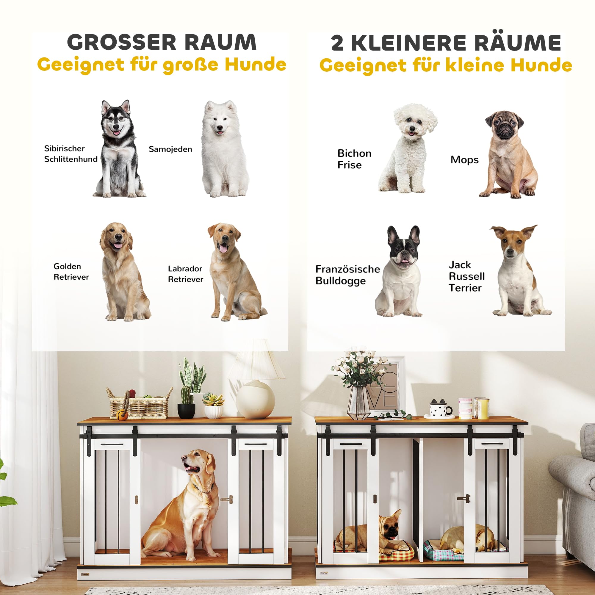 PawHut Hundekäfig Möbel mit Zweiraum-Option, 2 Türen Moderne Metall Hundebox für Zuhause Indoor Hundehütte für große Hunde bis zu 30 kg Hundehaus 120 x 60 x 88,5 cm Weiß