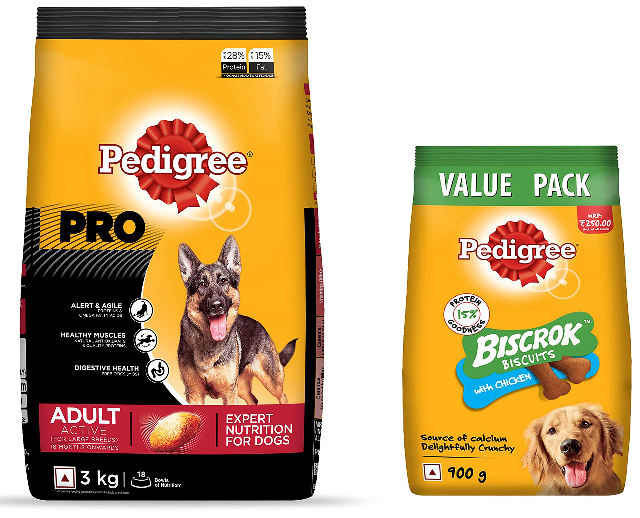 Pedigree PRO Expert Nutrition Active Adult Large Breed Dog (18 Months Onwards) Dry Dog Food, 3kg Pack Flavour : Chicken & All Life Stages Biscrok Dry Dog Biscuits (Above 4 Months), 900g Pack (B09VHBNFX7) Amazon Price History, Amazon Price Tracker