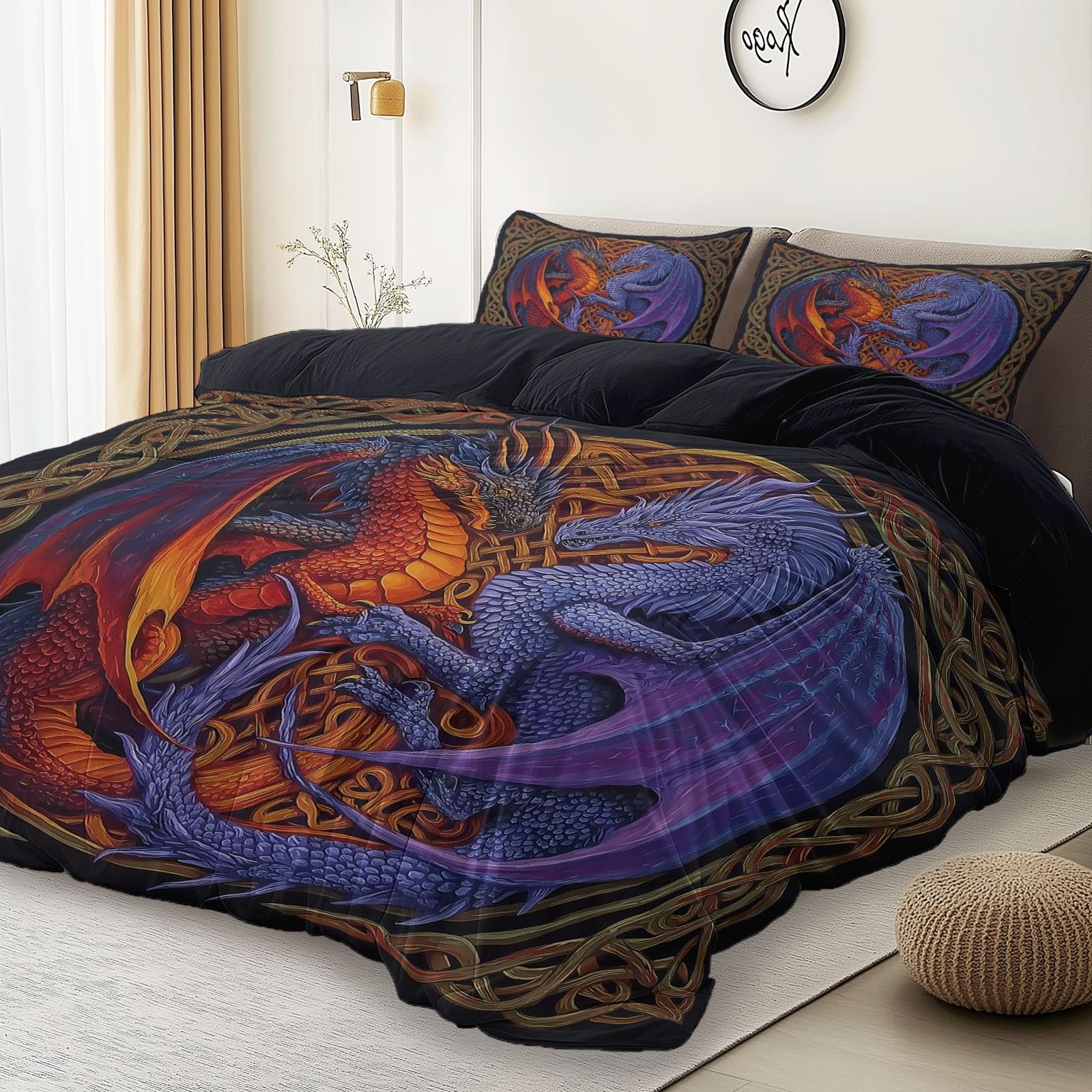 Housses de couette dragon 200x200 cm | Parure de lit microfibre brossée motif peinture à l'huile