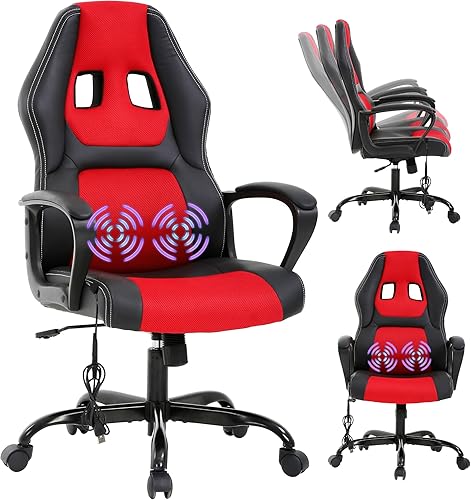 Silla Gamer - Silla ergonómica de masaje para juegos, estilo de carreras de cuero, cómoda para adultos y niños, color rojo