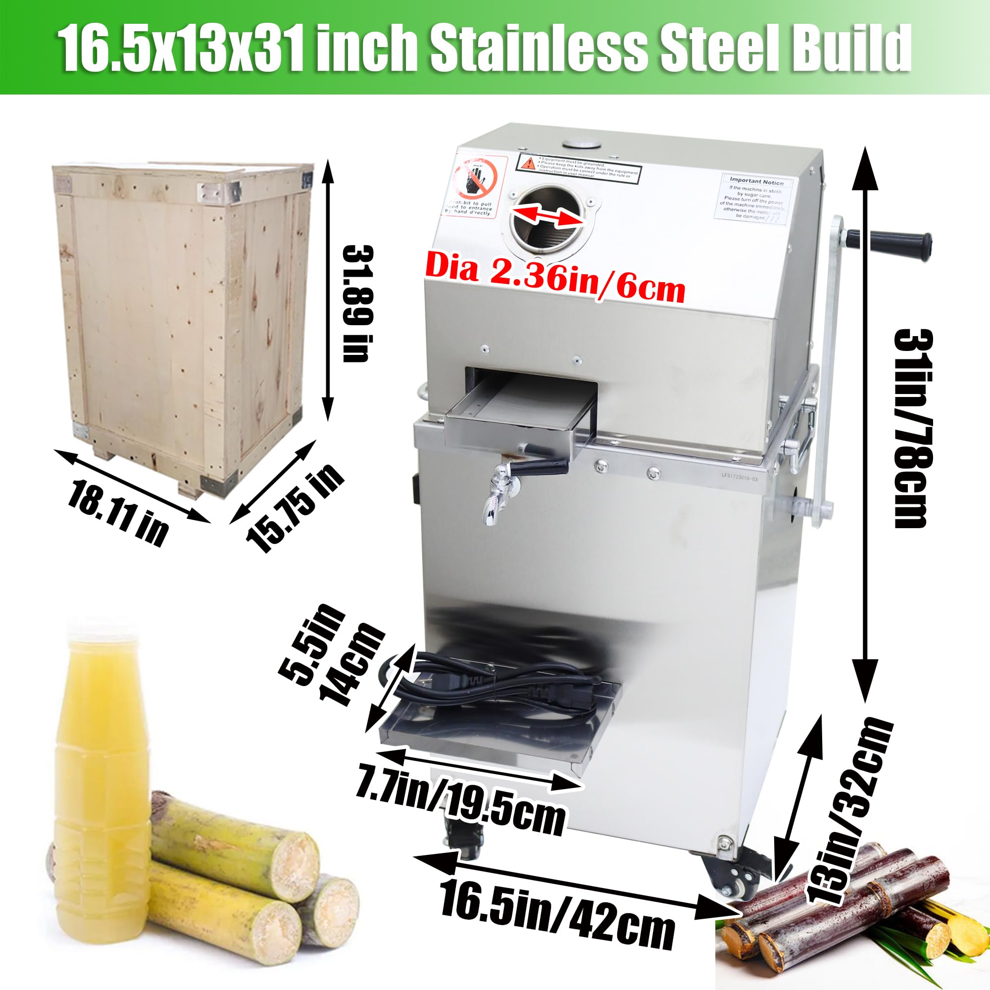 EQCOTWEA Sugarcane Juicer, Electric/Manual Dual-use Sugarcane Press, 800W Sugar Cane Juice Extractor Squeezer, with Three 304 Stainless Steel Rollers, 2.4in Inlet, 660LBS/H for Commercial and Home