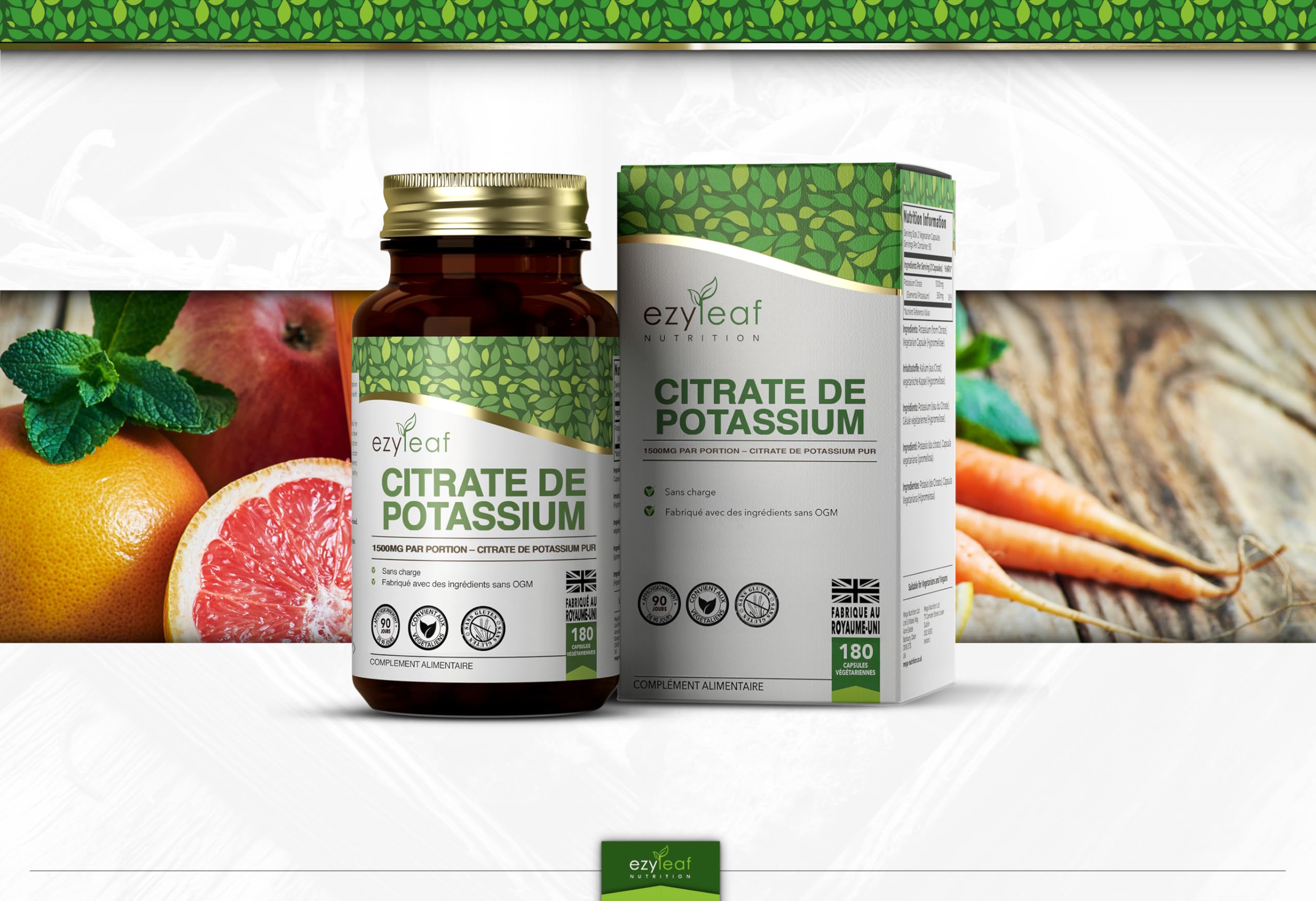 Ezyleaf Citrate de Potassium | 180 Capsules de Potassium à Haute Teneur - 1000mg de Potasium Citrate par Portion | Pas de charges Sans OGM Sans Gluten Sans Produit Laitier Sans Allergène