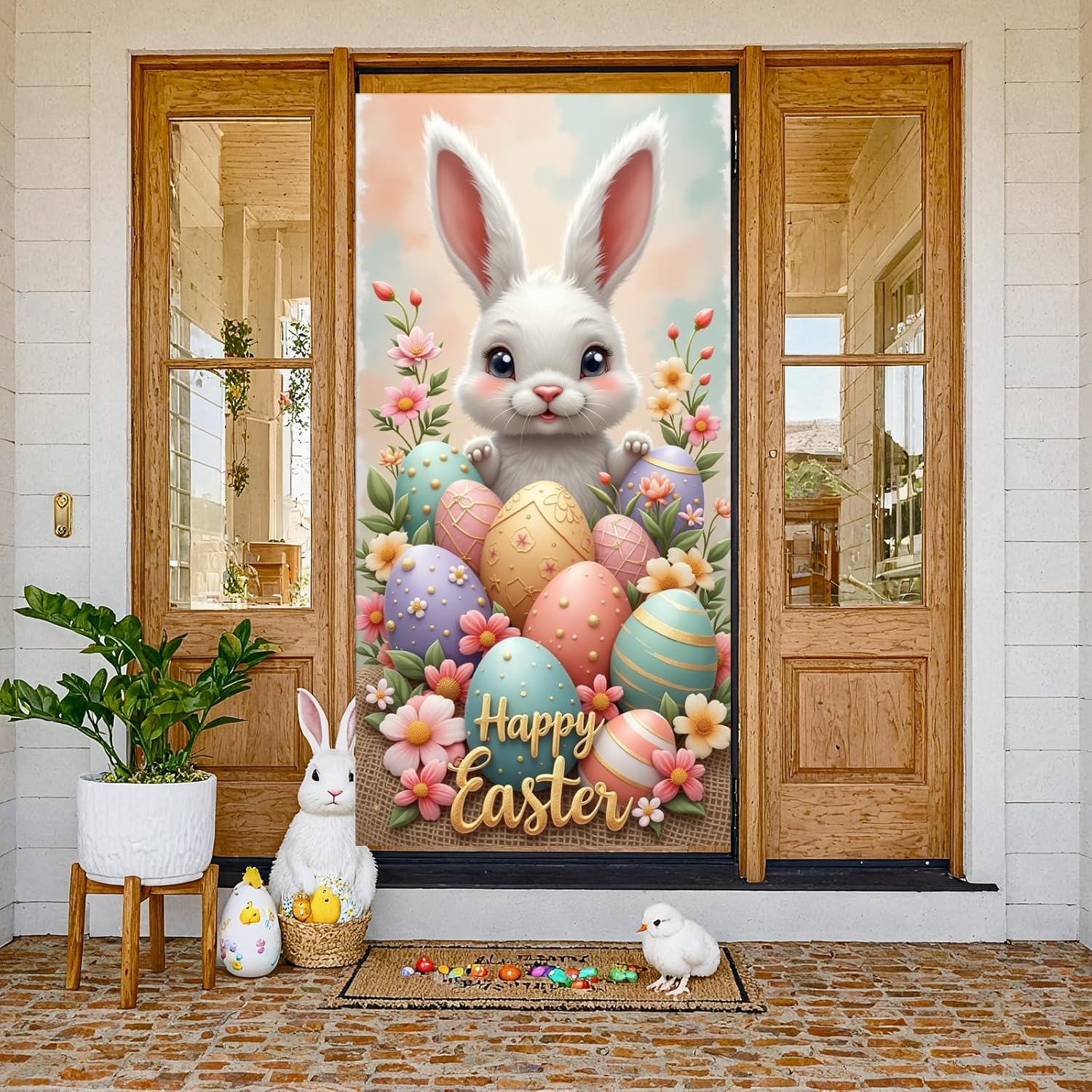 Happy Easter Door Cover Bunny Eggs Door Banner Decoration Welcome Spring Front Proch Door Sign Banner for Spring Easter Indoor Outdoor Holiday Party Decorations, 71 x 35 inches