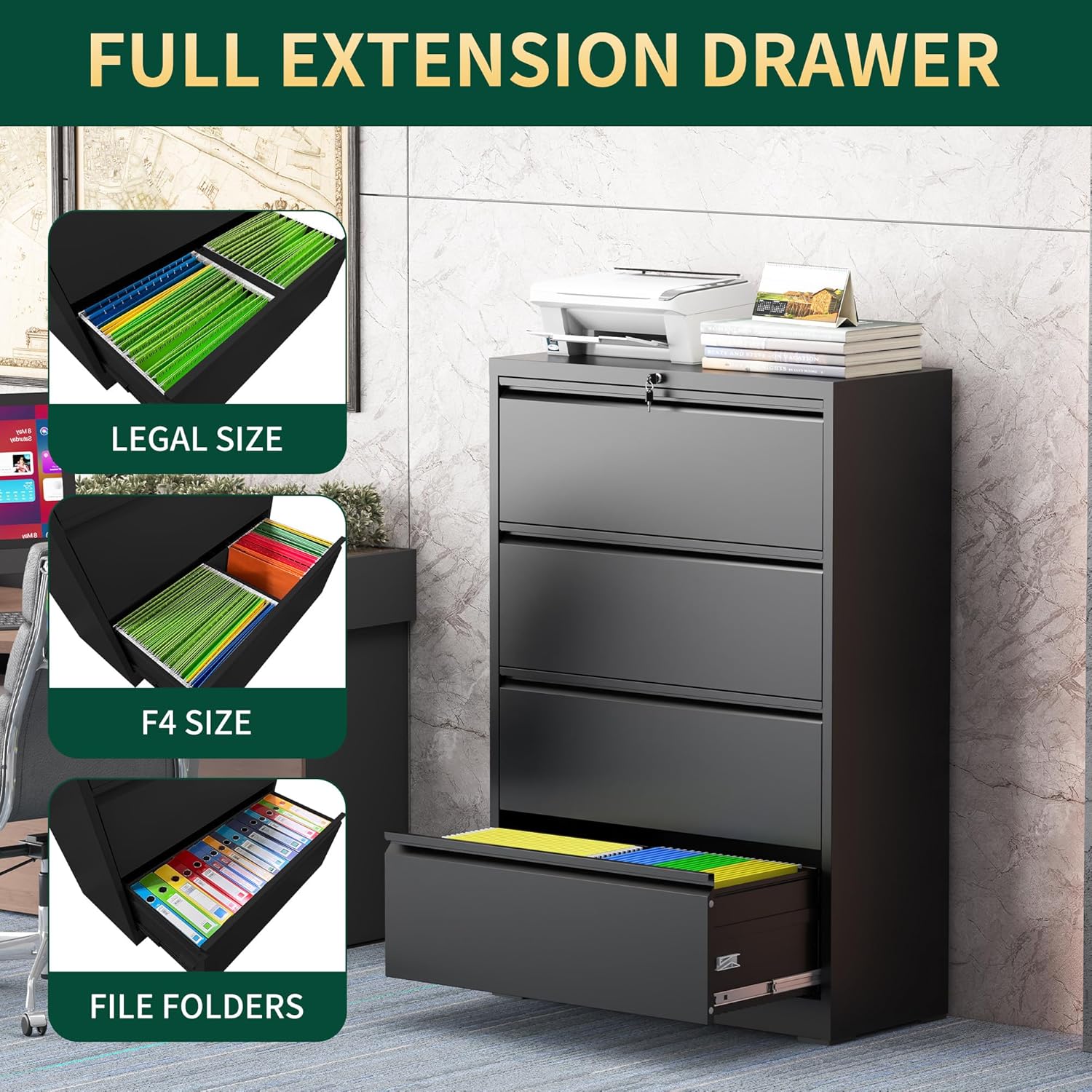 Full extension drawer showing legal, F4, and file folders