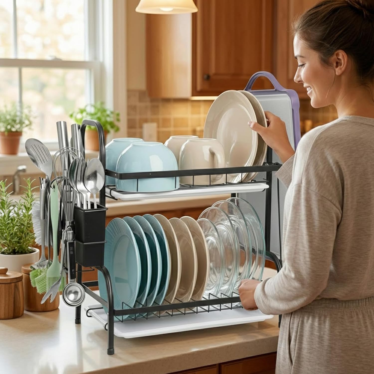 2 Tier Dish Drying Racks with Drainboard,Large Capacity image 3