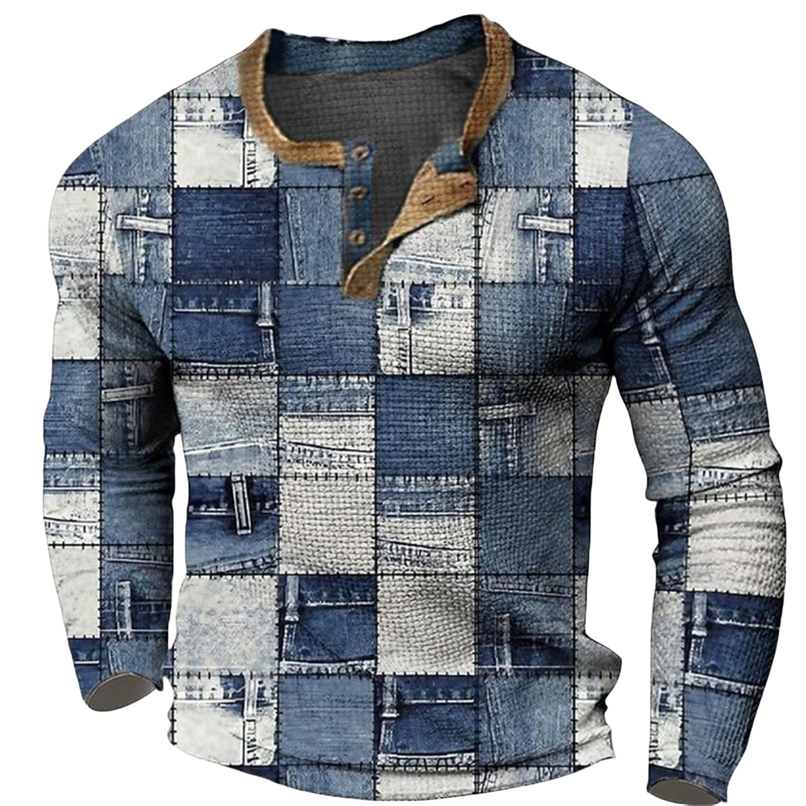 Mens Long Sleeve Henley Shirts Distressed Vintage Color Block Waffle Plaid Button T-Shirt Slim Fit Golf Polo Tops