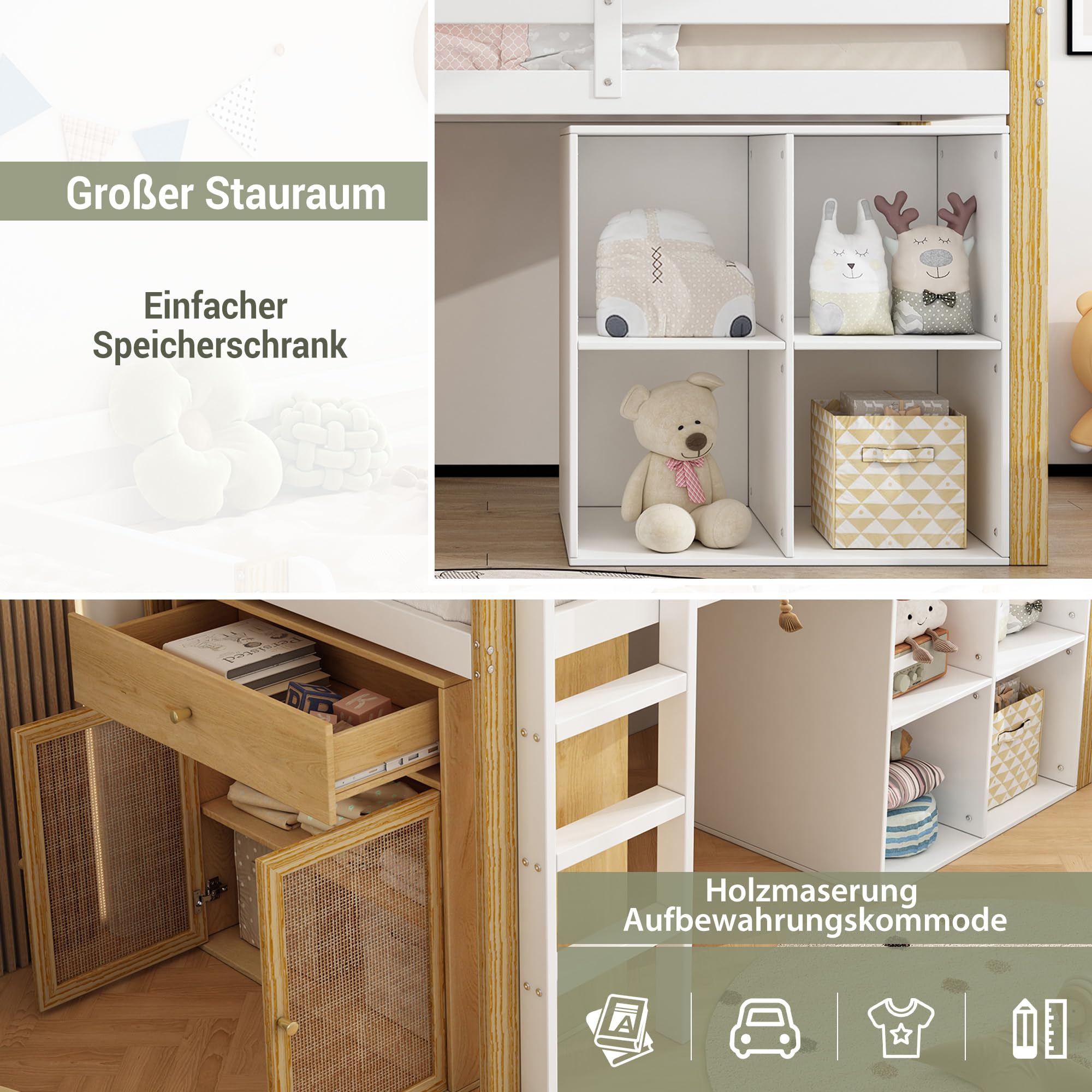 Kinderbett Hochbett 90x200, mit 2 Aufbewahrungsschrank und Leiter, Platzsparendes Kinder Etagenbett Jugendbett Holzbett Bettrahmen mit Rausfallschutz und Lattenrost, stabiles Massivholz, Natur&Weiß