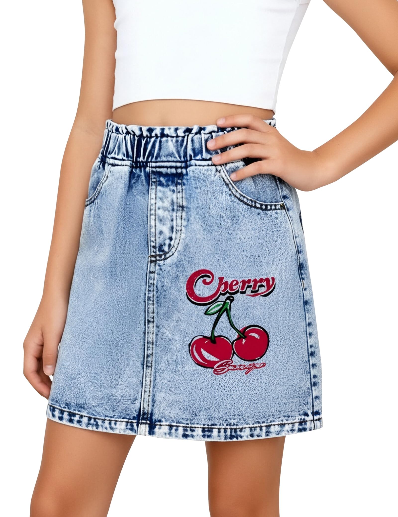 Maeau Gonna corta in jeans da ragazza, gonna corta estiva a vita alta, linea ad A, in denim lavato, con tasche, 8-12 anni