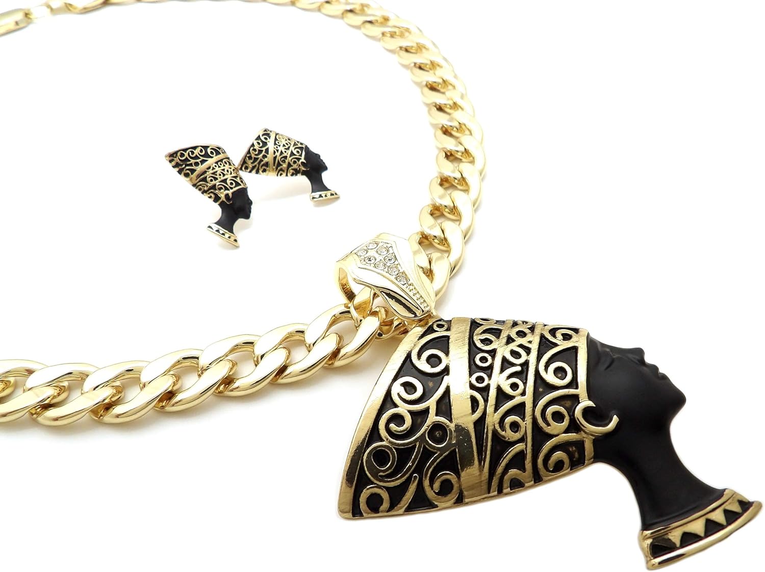 Fashion 21 Unisex Egypt Queen Nefertiti Pendant 11mm 18 or 20 inches Cuban Link Chain Necklace