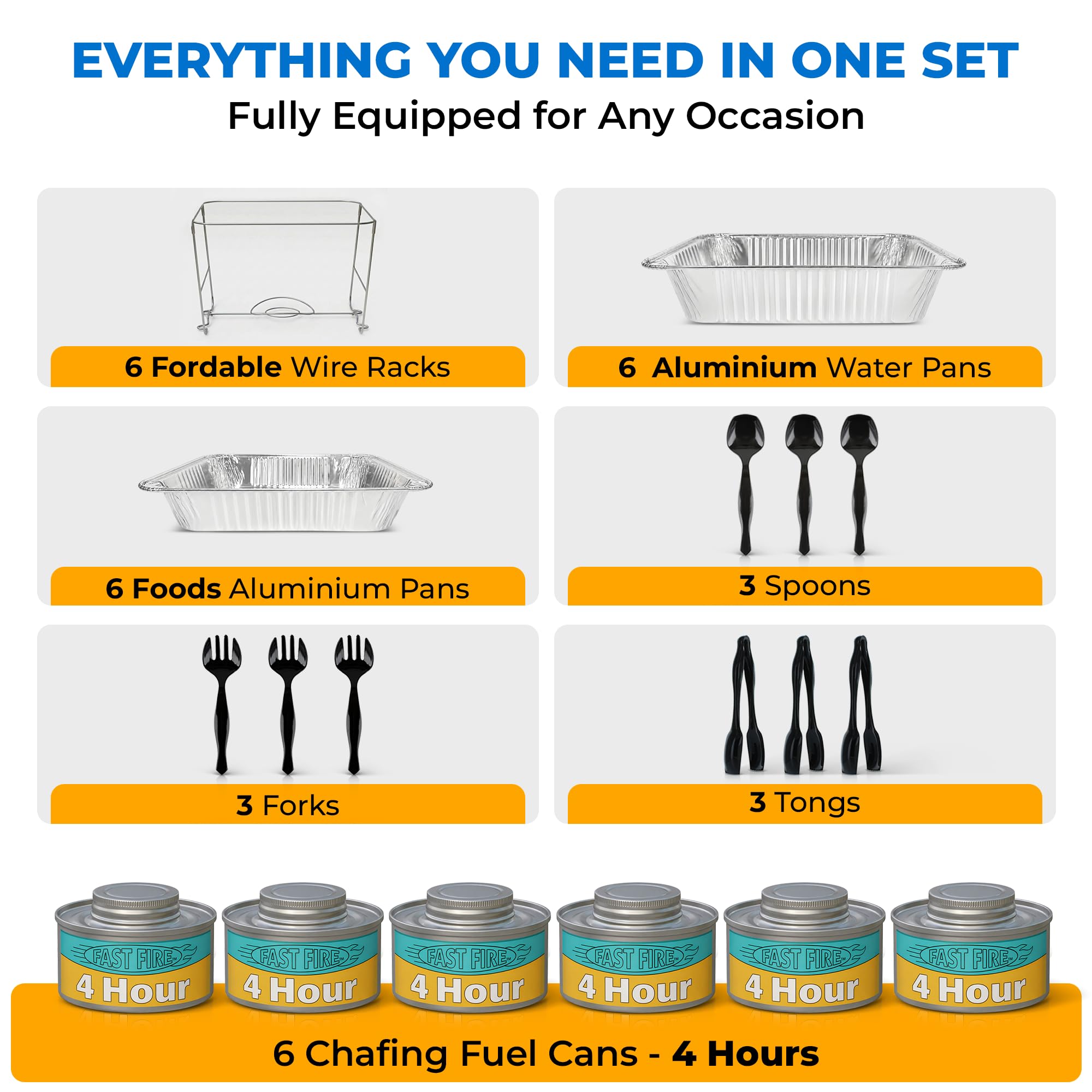 Chafing Dish Buffet-Set, halbe Größe, Einweg-Gastronomiebedarf, 6 Stück, Speisenwärmer für Partys: faltbare Drahtregale, Brennstoff, Aluminium-Wasserpfannen, Lebensmittelpfannen, Servierutensilien