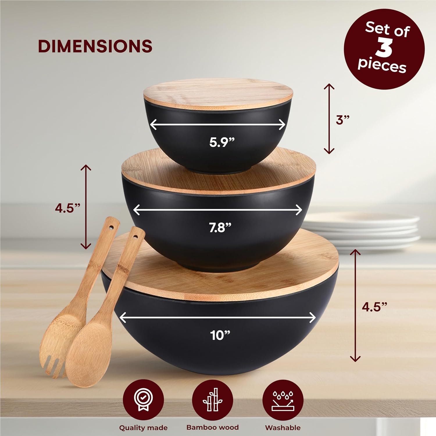 Vdomus Salad Serving Bowls with Lids - 5x10x10-Inch Bamboo Fiber Bowl Set with Wooden Lids - Multi-Purpose Bowl and Board Set for Kitchen - Mixing Bowl Set for Serving and Preparing Food - Set of 3 - Image 3