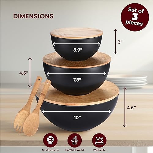 Miniatura 3 de Vdomus Tazones para servir ensaladas con tapas, juego de cuencos de fibra de bambú de 5 x 10 x 10 pulgadas con tapas de madera, juego de cuencos y