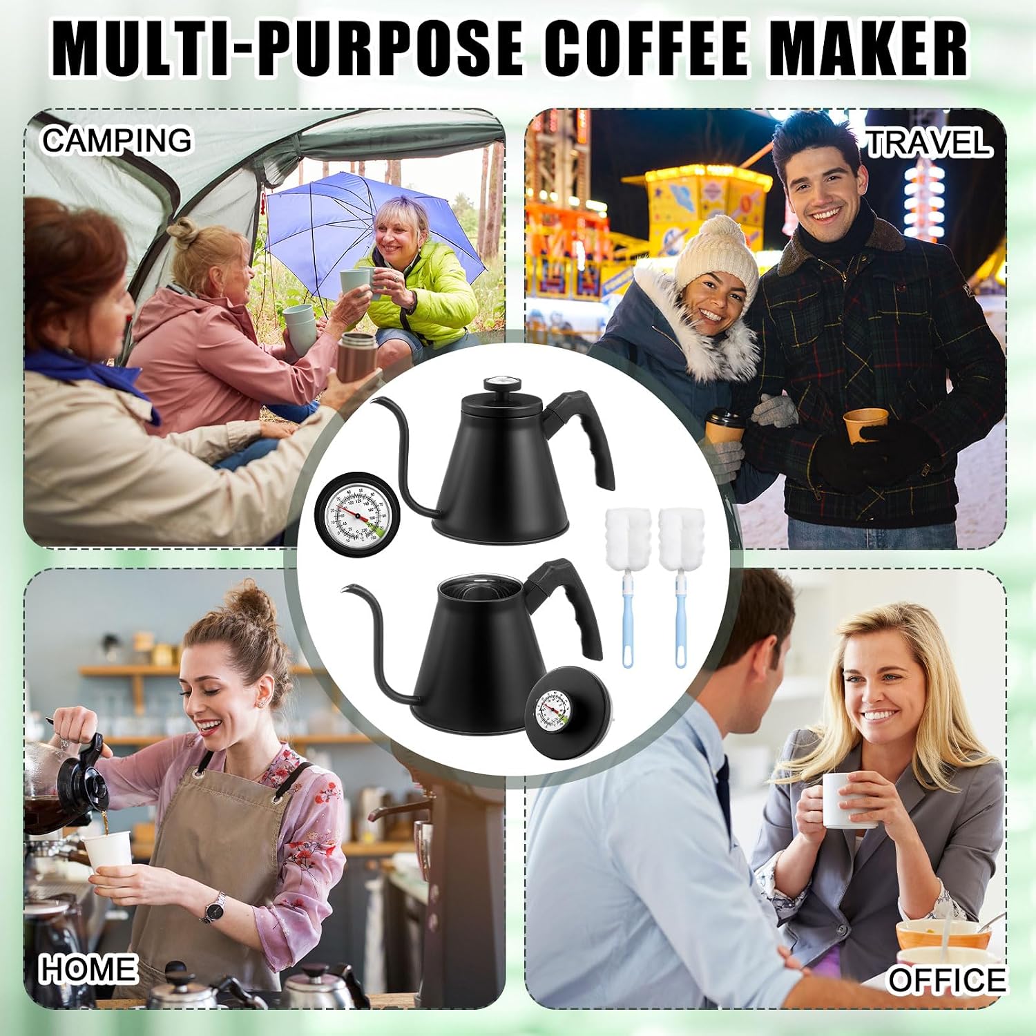 2 Pack 40 oz Gooseneck Kettle with Thermometer Stainless Steel Pour over Coffee Kettle Precision Drip Spout for Stovetop Home Kitchen Camping(Black)