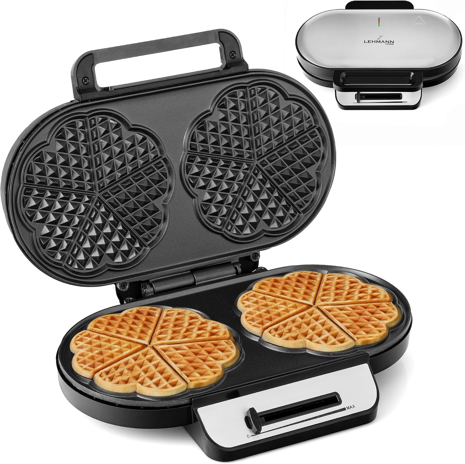 (-37%) LEHMANN Doppel-Herzwaffeleisen, Waffeleisen für klassische Herzwaffeln, 2 antihaftbeschichteten Backflächen, Herzform Ø 15,5 cm, Temperaturregelung, Backampel, Edelstahlgehäuse, 1200W