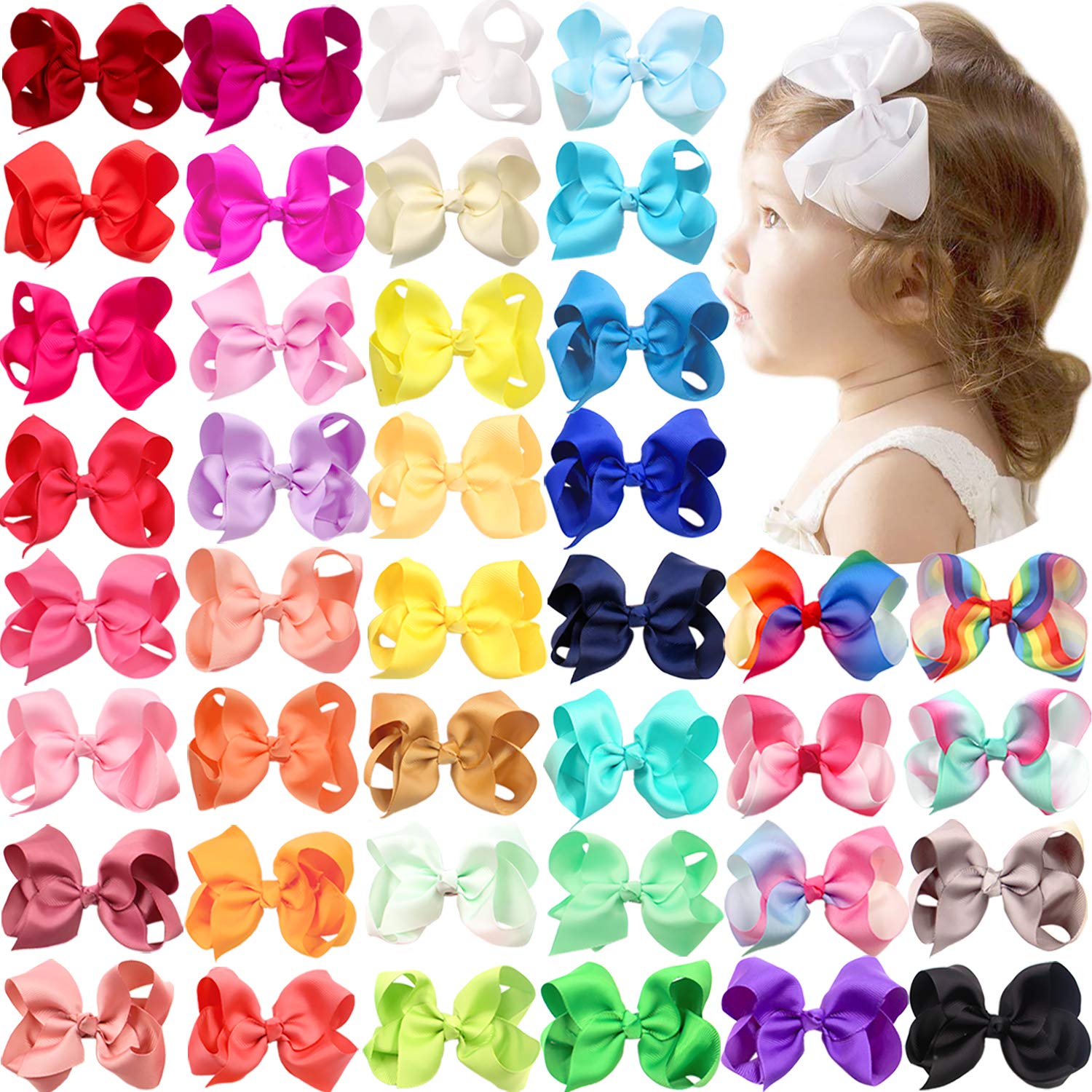 40PCS 4.5 Inch Hair Bows for Girls Grosgrain Ribbon Toddler Hair Accessories Alligator Clips for Toddlers Baby Girls Kids Teens