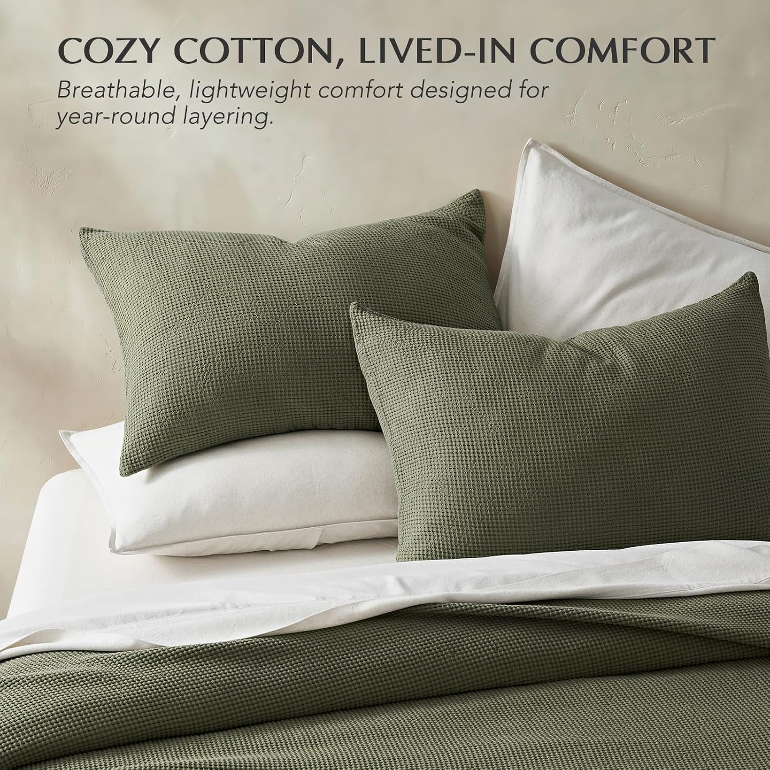 100% Cotton Waffle Coverlet Set, King Size, Olive Green | Soft Premium Waffle Weave Cotton Bed Blanket, Lightweight Oversized Bedspread, All Season 3-Piece Bedding Set with 2 Shams