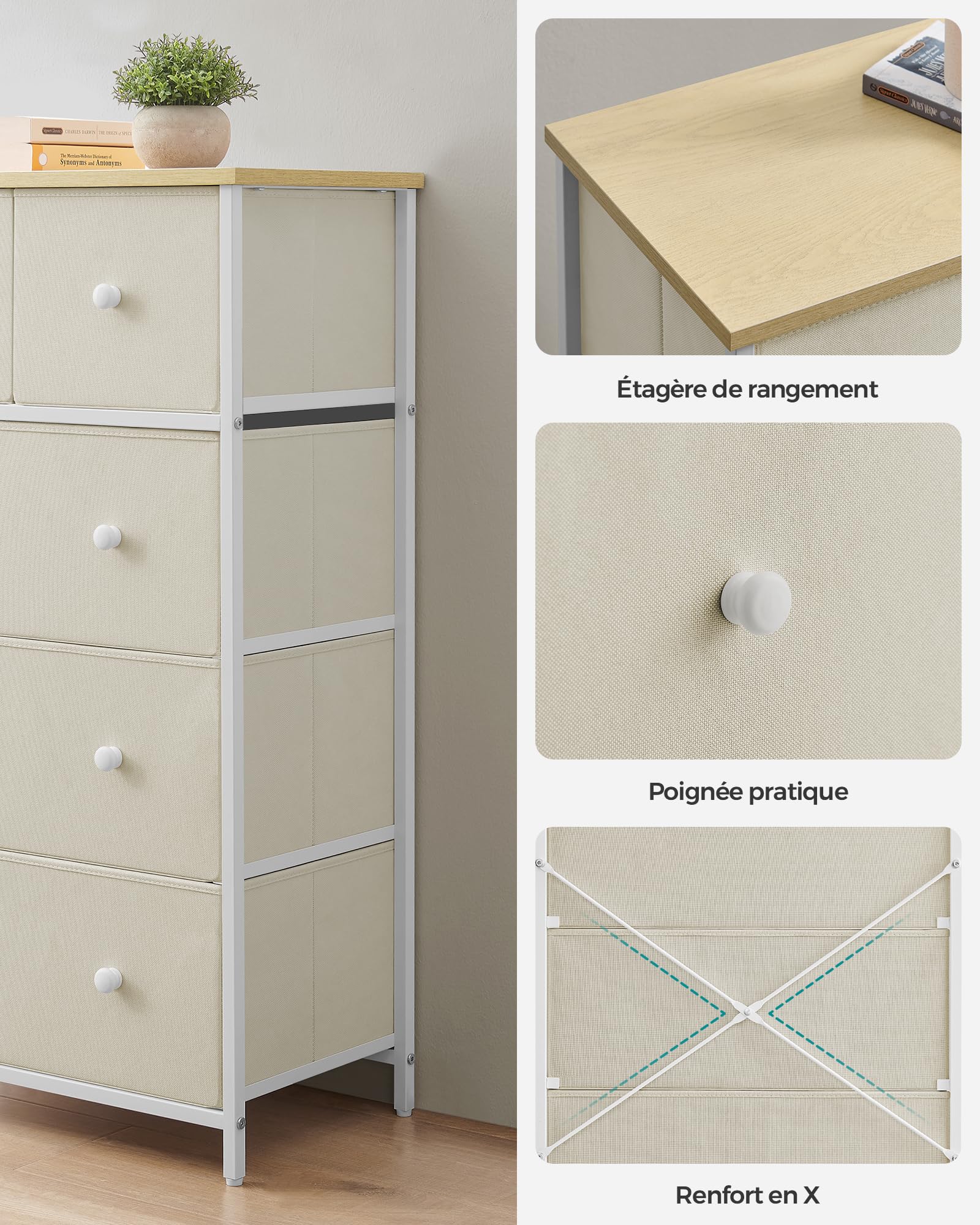 SONGMICS Commode à 5 tiroirs en Tissu pour Salon, Couloir, Chambre d'enfant, Jaune Chameau et Blanc crème LTS514W01