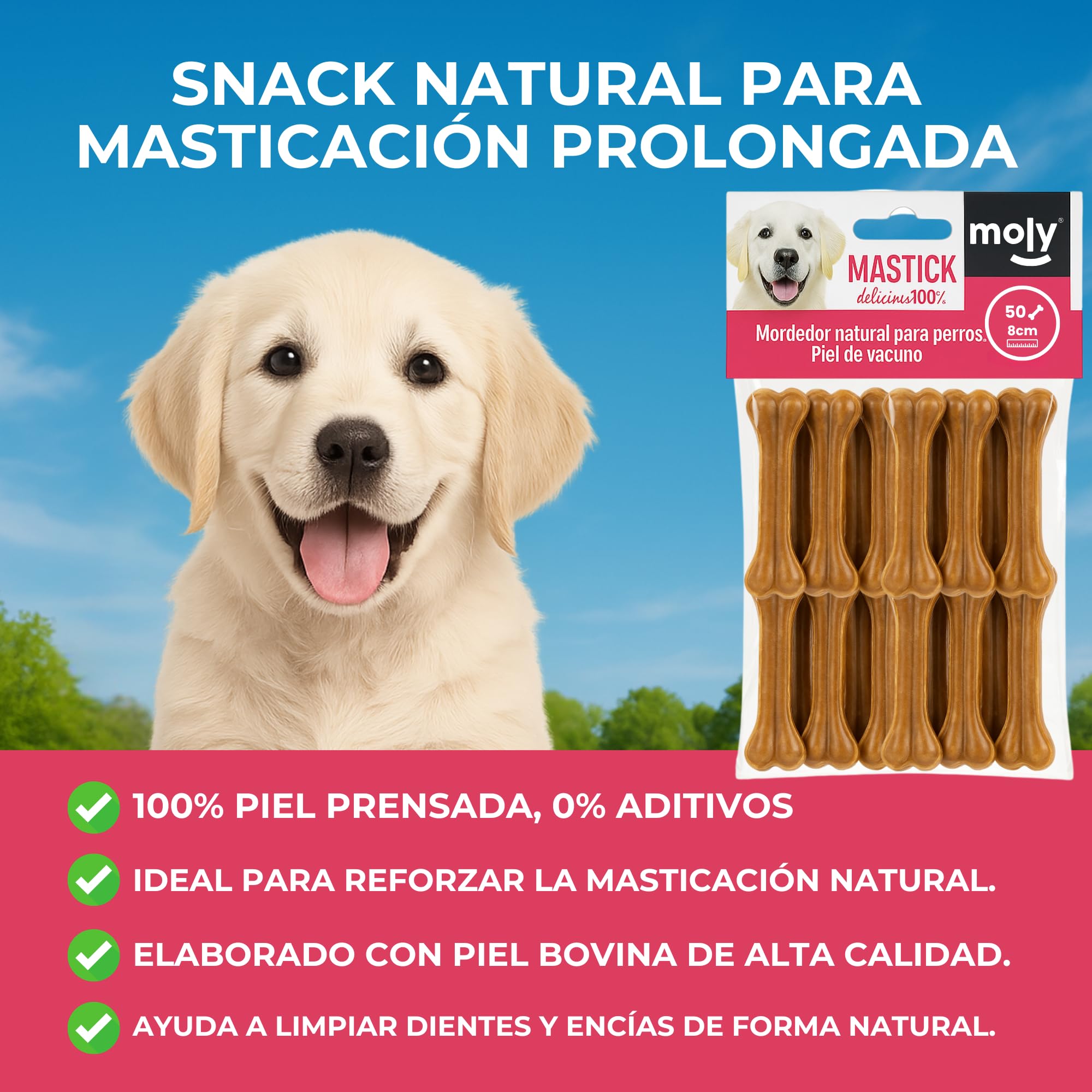 MOLY Pack 50 Huesos Prensados para Perros 8 cm | Snack Natural para Cachorros y Razas Pequeñas | Refuerza Salud Dental y Encías | Bajo en Grasa | Ocupación Prolongada y Segura