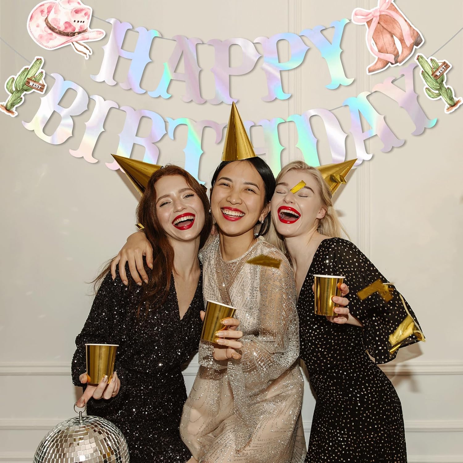 Western Happy Birthday Banner, Silver Foil Cowboy Party Decorations with Glitter, Hanging Sign for Cowgirl Theme, Home Party Supplies Decor - Image 4