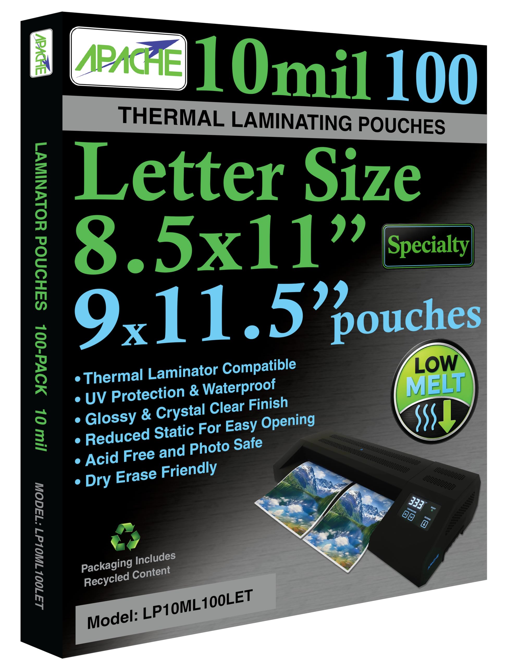 Apache Letter Size Low Melt Laminating Pouches, 10 Mil, 100 Pack, 9 x 11.5"
