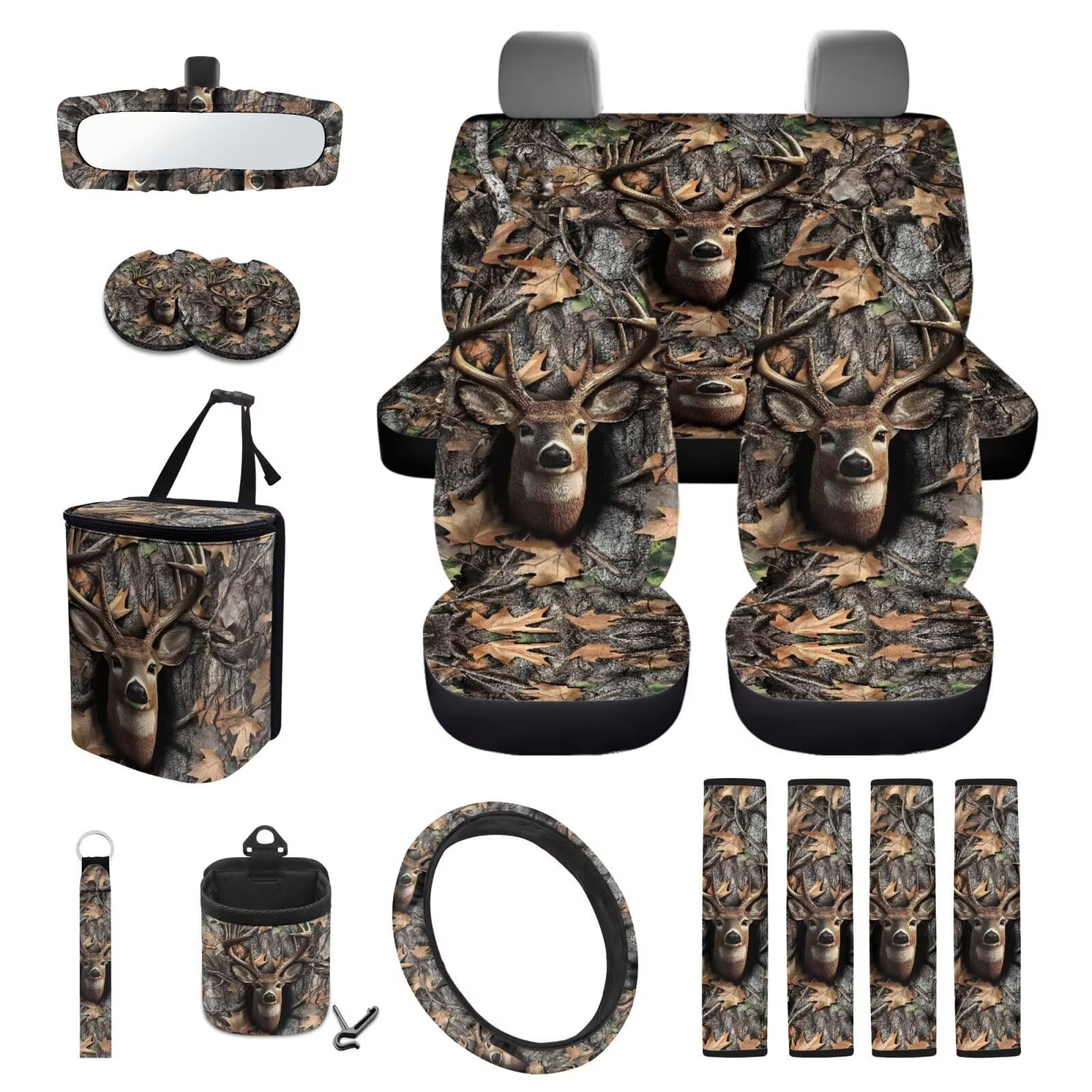 Deer Hunting Forest Car Seat Covers 15 Pieces Rear View Mirror Cover Steering Wheel Covers Car Garbage Can Seat Belt Pads Cars Storage Box Fits Most Cars, Sedans, SUVs