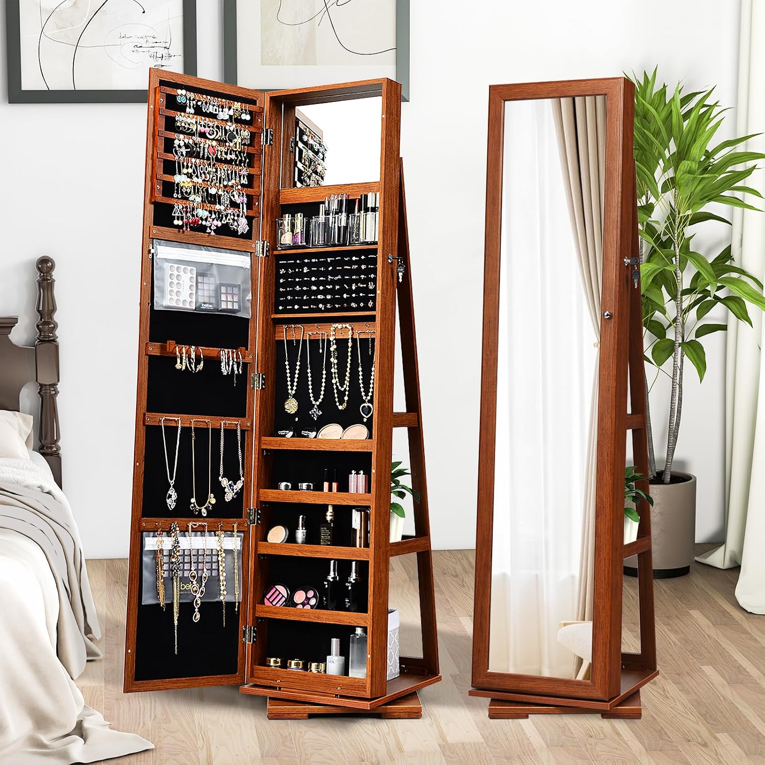 GOFLAME 360° Rotating Jewelry Armoire, Lockable Jewelry Cabinet with Full-Length Mirror & Inner Makeup Mirror, Standing Jewelry Storage Organizer with Rear Storage Shelves, Walnut