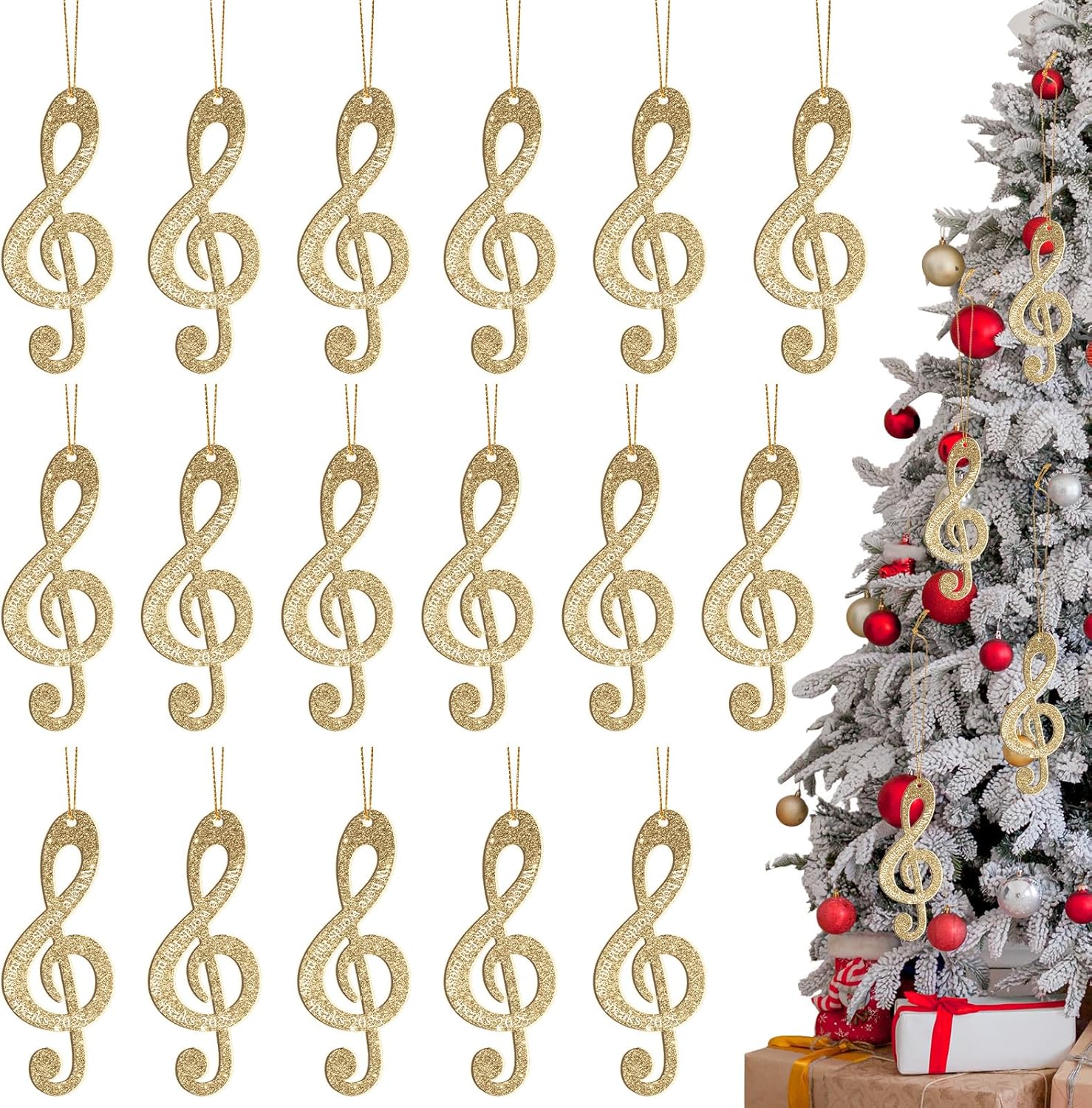 Roowest 24 Pcs 2025 Christmas Music Note Ornaments Treble Clef Hanging Where Words Fail Music Speaks Sign Glitter Acrylic Ornament for Xmas Tree Party Decoration (Gold)