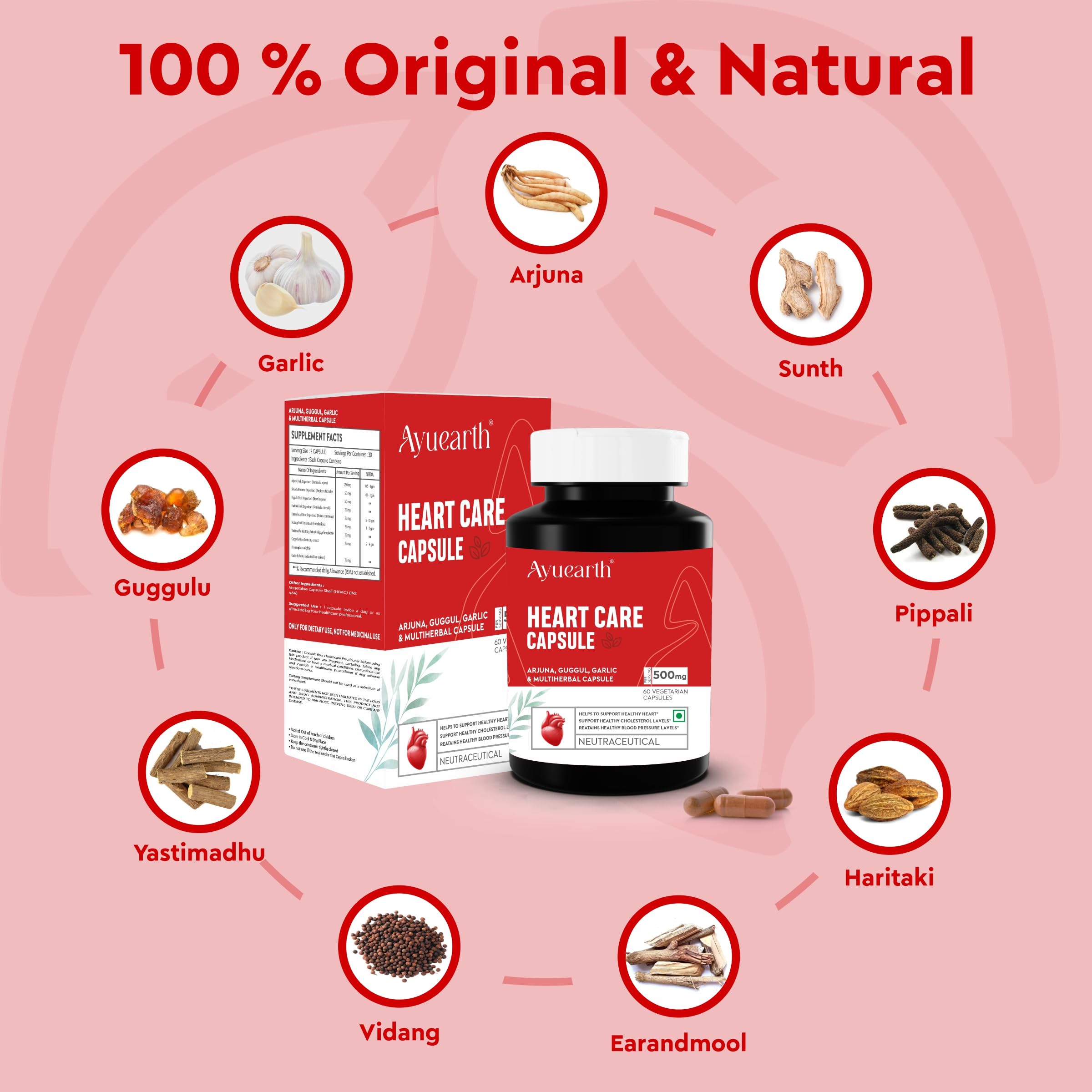 Ayuearth Heart Care Capsule 500 mg | Guduchi, Kalmegh, Katuki & Multi Herbal Capsule | Supports Healthy Cholesterol Levels | Retains Healthy Blood Pressure Levels | 60 Veg Capsules 2